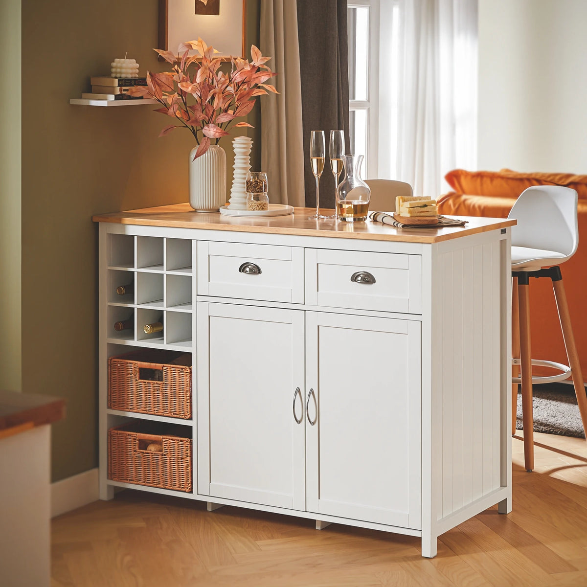 SoBuy KNL05-W Kitchen Island With 2 Rattan Baskets Freestanding Kitchen wardrobe Sideboard Bar Table dining table Buffet White 120x90x56cm