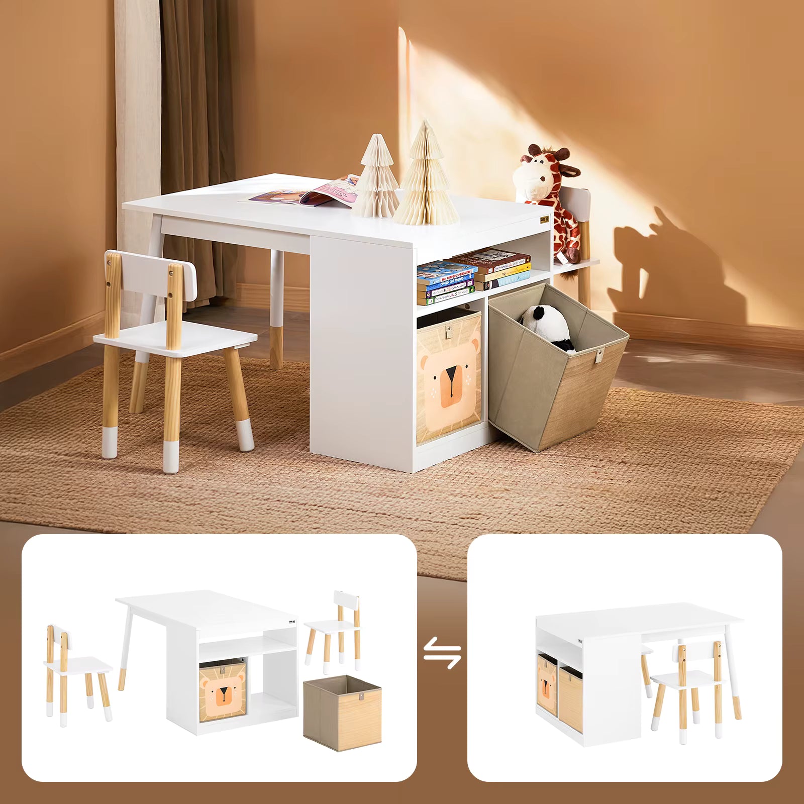 SoBuy KMB113-W Children's table with 2 Chairs Child Seat Group with Storage Playtable Children Multifunctional Activity table