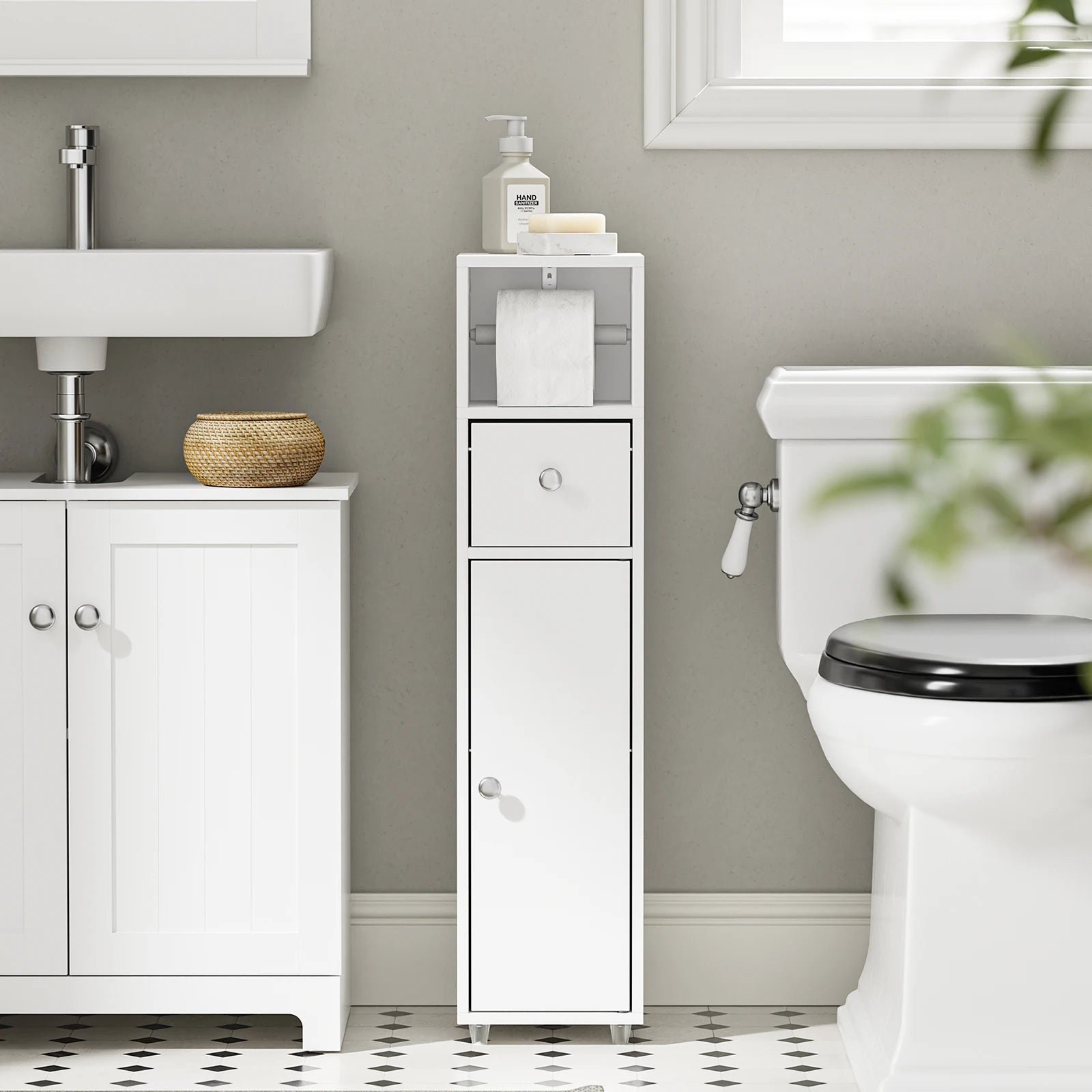 SoBuy BZR219-W Bathroom wardrobe Smalty 20cm Toilet Paper wardrobe Drawer & Paper Roll Holder bathroom Side wardrobe Standing Small Niches Shelf Wc & bathroom White