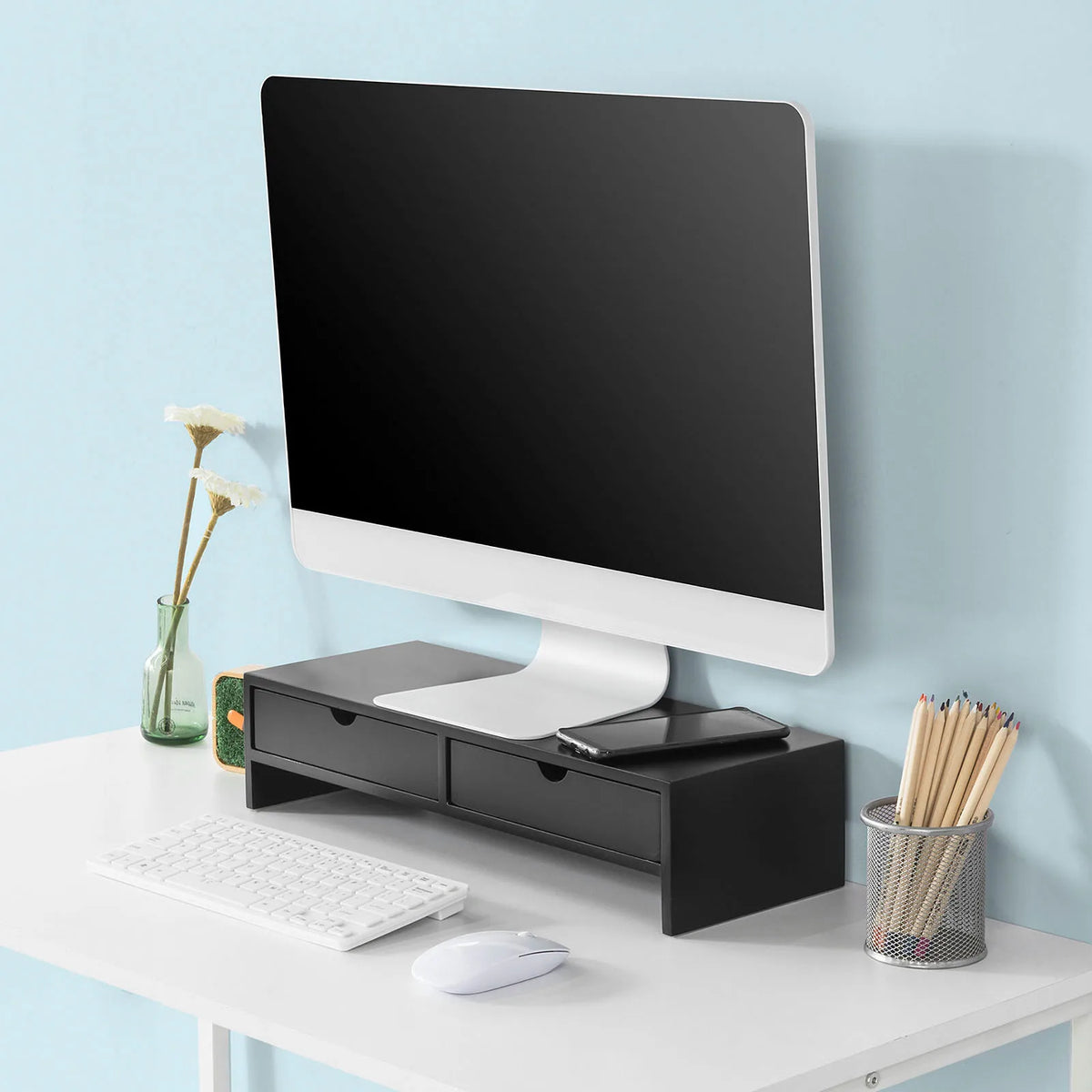 SoBuy BBF02 monitor screen stand, monitor riser with 2 drawers, WDH approx. 47x11x18cm