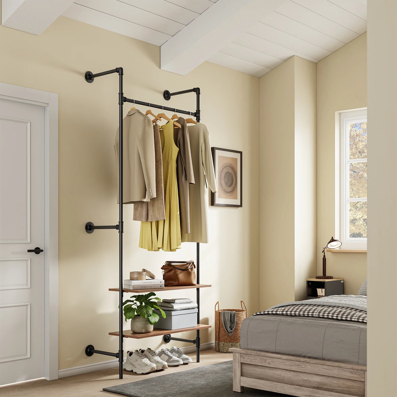 SoBuy KLS20-SCH dresses Bar Wall Mounted 2 MDF Shelves Space Saving Open dresses Cabinet dresses stand 45kg Bedroom Entrance Load Capacity 91.5x48x220cm Industrial Black