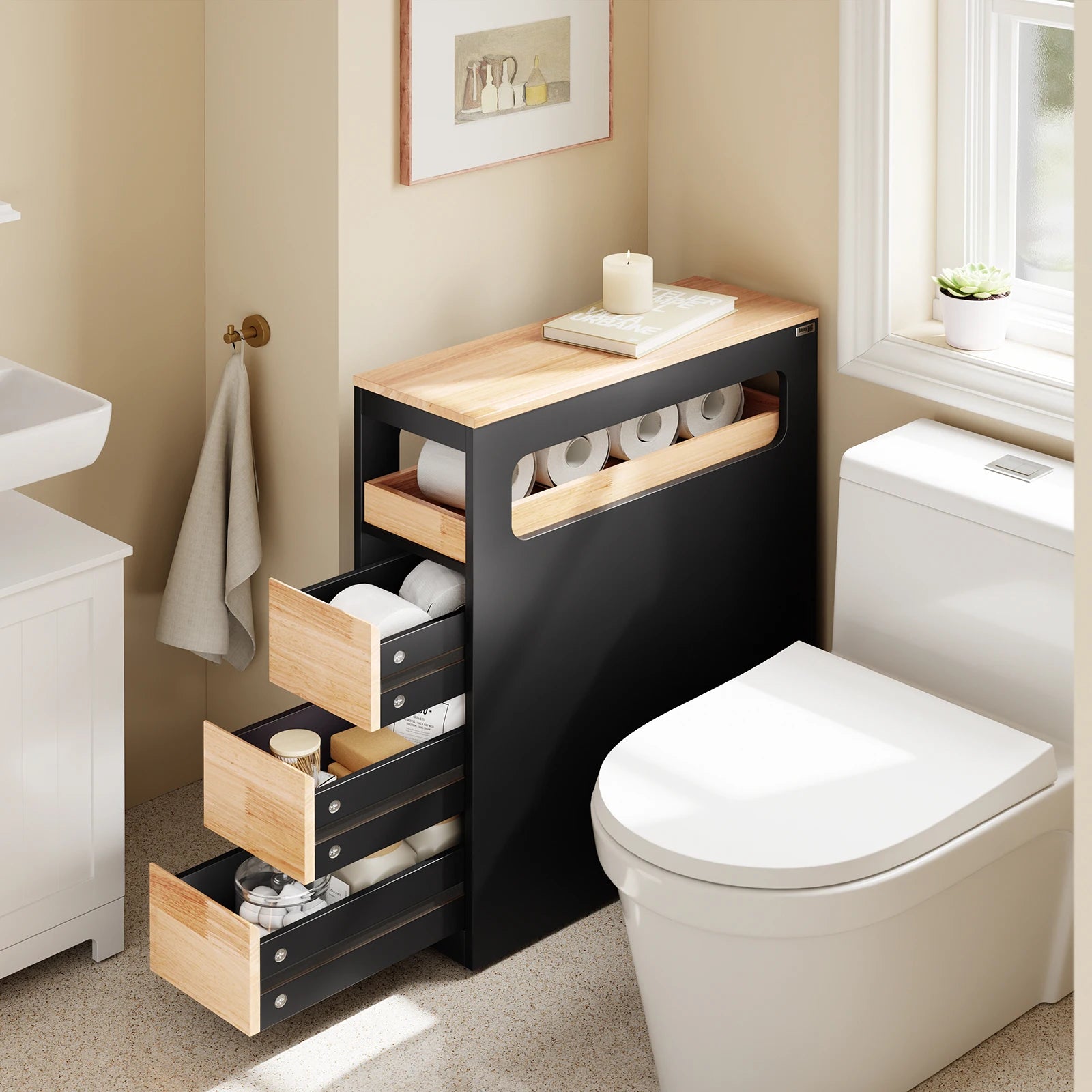 SoBuy BZR54-II-SCH bathroom wardrobe with wheels, narrow bathroom wardrobe with 3 drawers – compact wooden chest of drawers, mobile niche wardrobe for small bathrooms, toilets, and kitchens, black, 65x23x82cm