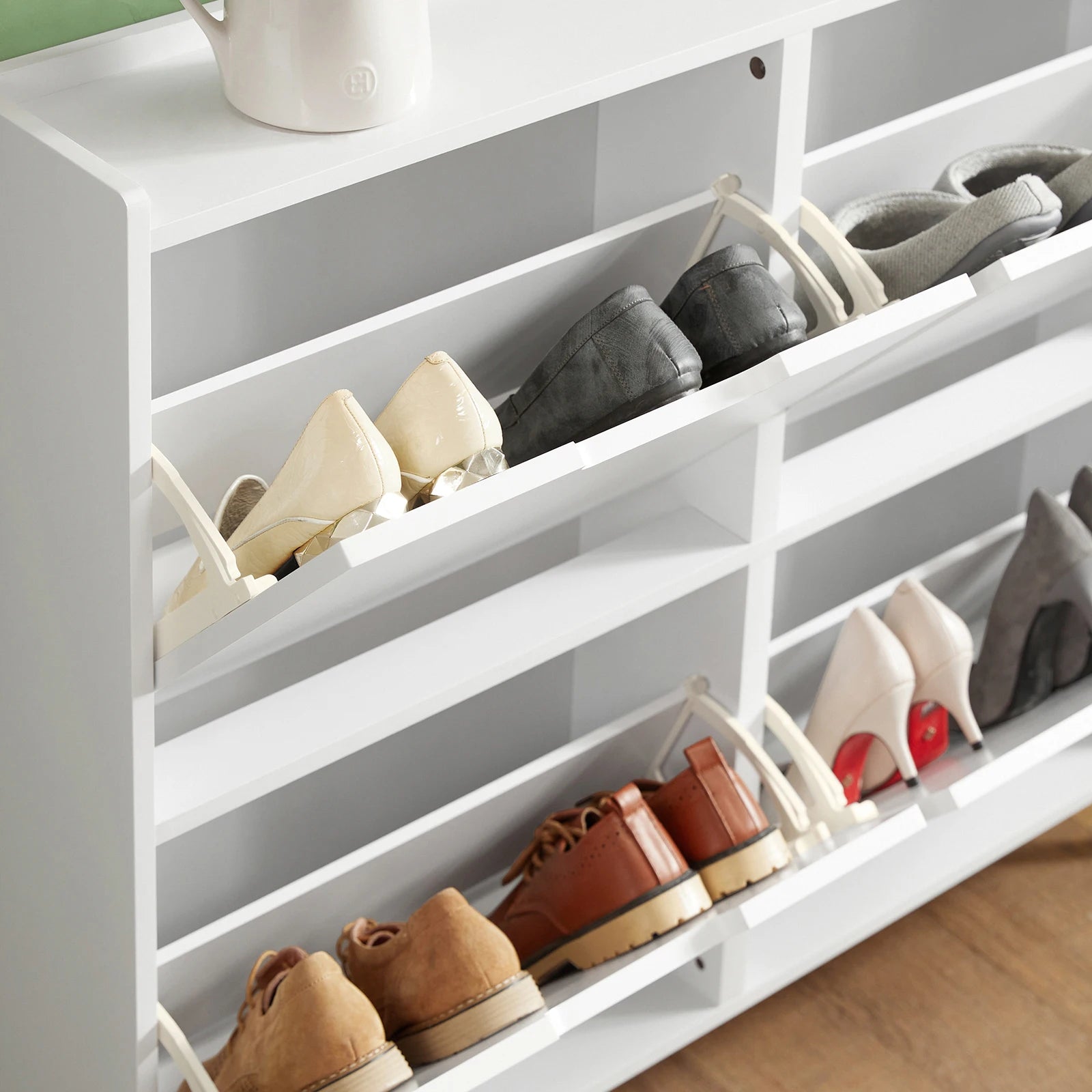 SoBuy FSR100 Shoe dump truck with 4 flap Shoe cabinet narrow shoe rack with 8 shelf surfaces Shoe chest of drawers Shoe shelf