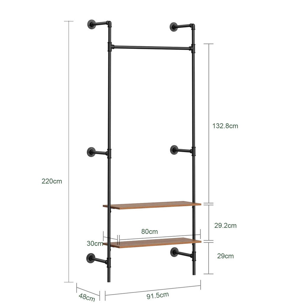 SoBuy KLS20-SCH dresses Bar Wall Mounted 2 MDF Shelves Space Saving Open dresses Cabinet dresses stand 45kg Bedroom Entrance Load Capacity 91.5x48x220cm Industrial Black