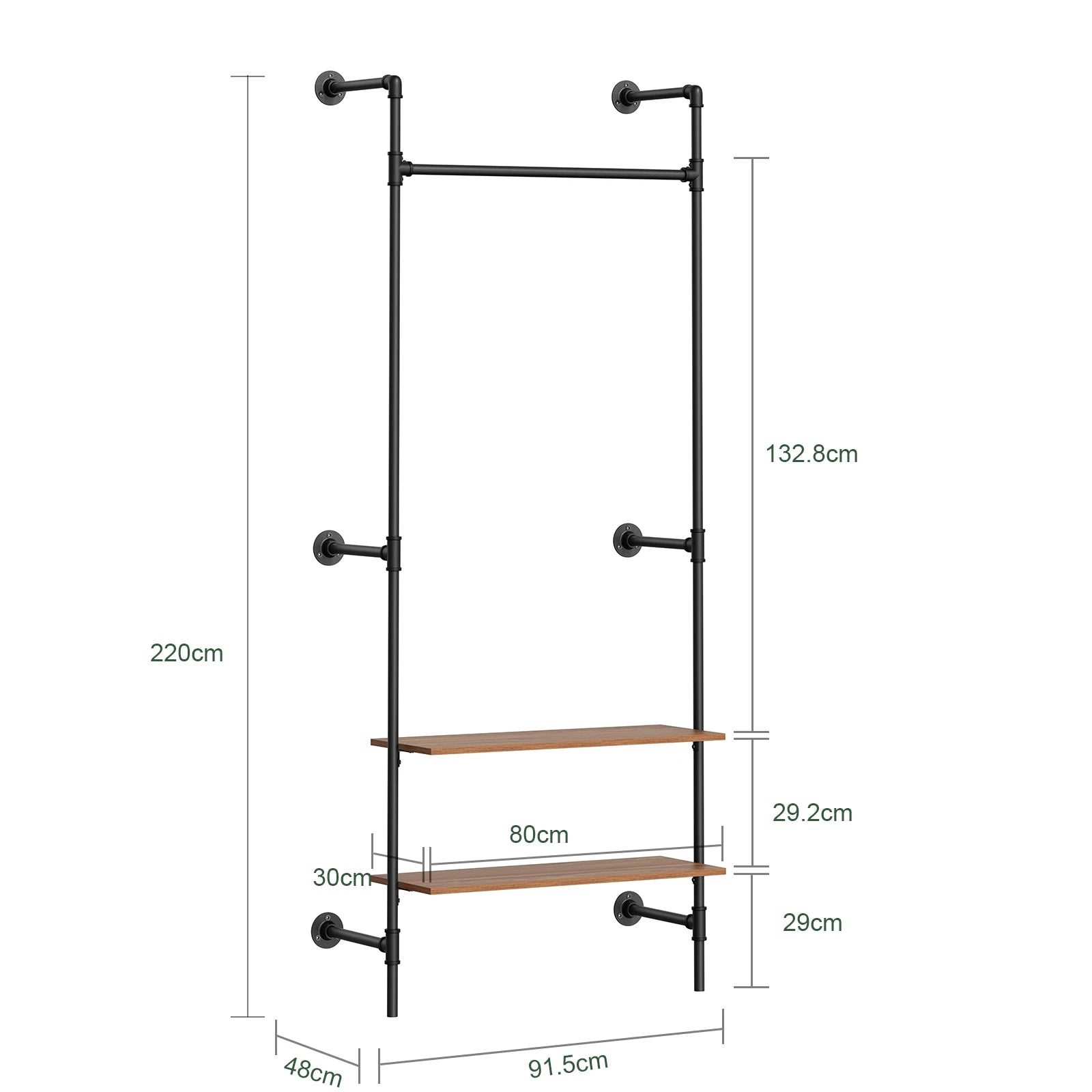 SoBuy KLS20-SCH dresses Bar Wall Mounted 2 MDF Shelves Space Saving Open dresses Cabinet dresses stand 45kg Bedroom Entrance Load Capacity 91.5x48x220cm Industrial Black