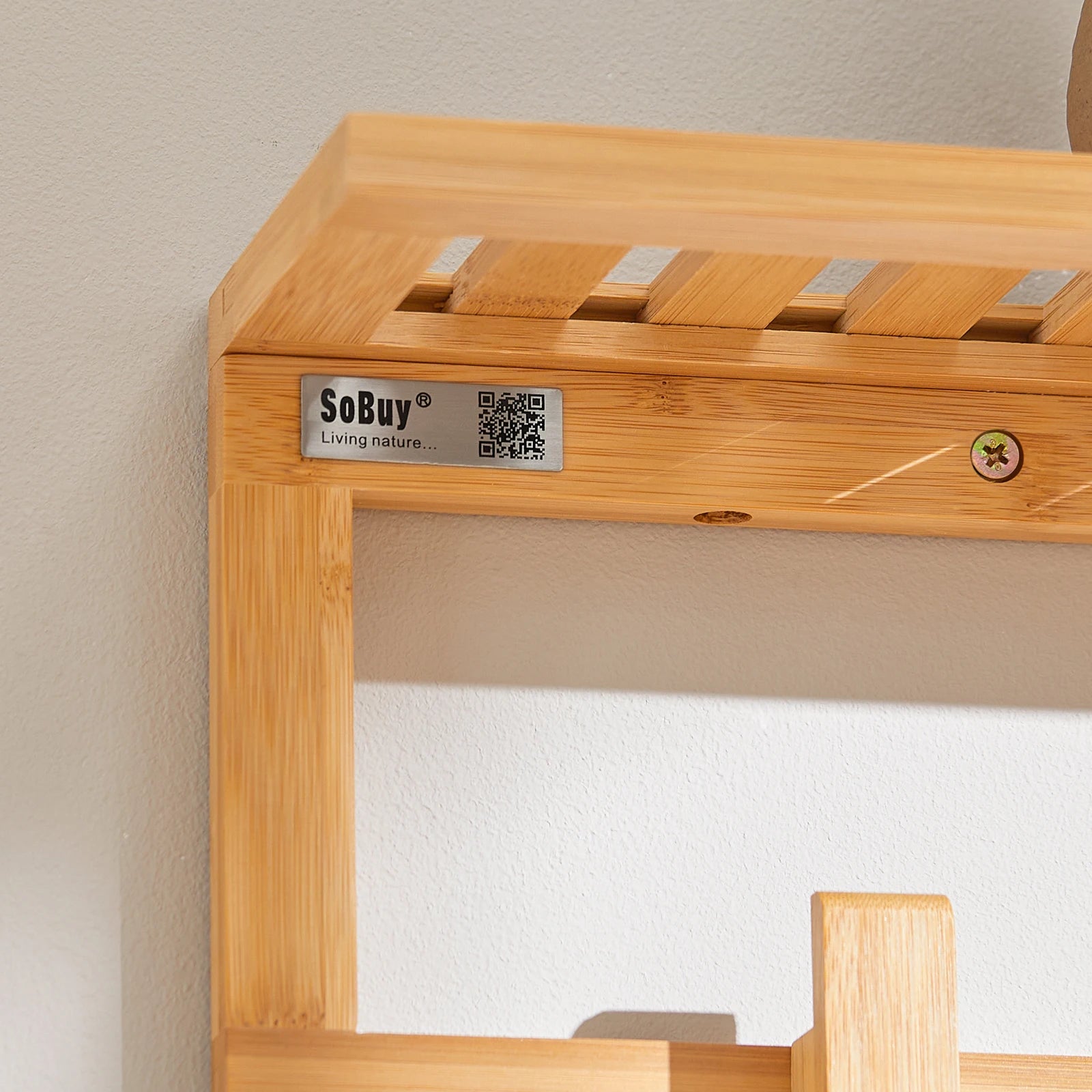 SoBuy FHK06-N Hallway wardrobe bathroom shelf Wall wardrobe with 6 hooks and storage towel holder made of bamboo BHT CA: 90x16.5x12.5 cm