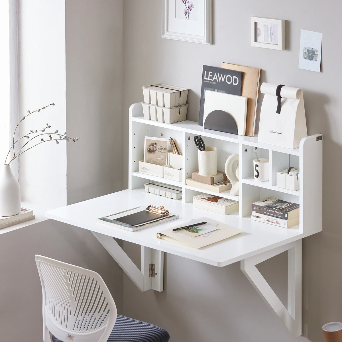 SoBuy FWT07-II-W Wall folding table with integrated shelf wall cabinet kitchen table dining table White BHT approx. 90x78x60cm