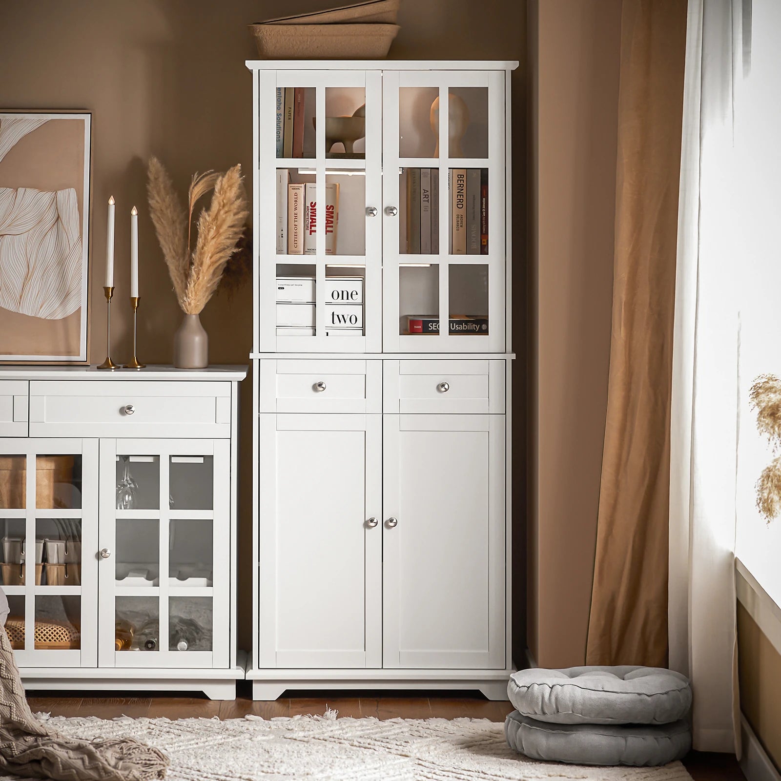 SoBuy FSB76-W Kitchen wardrobe with glass doors High wardrobe storage s wardrobe with 6 compartments and 2 drawers Buffet White 75x175x40c