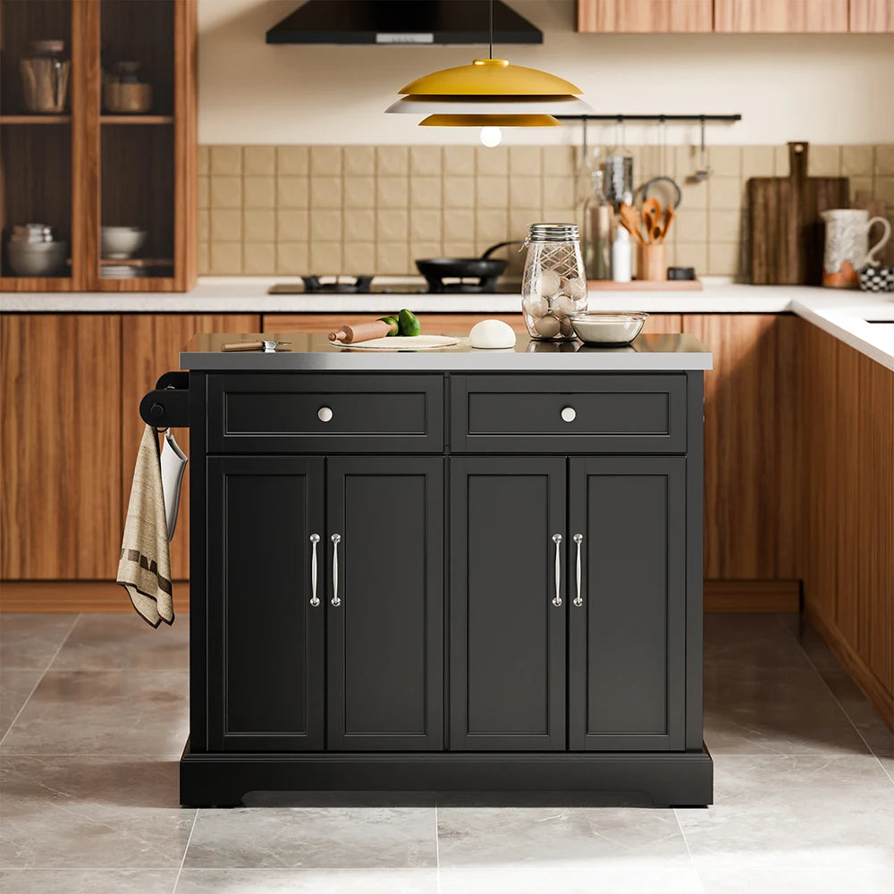 SoBuy FKW71-III-SCH Kitchen Trolley Black with 2 Drawers Large Storage Kitchen Trolley Kitchen Trolley with MDF 115 × 71 × 93 cm Load Capacity 98 kg