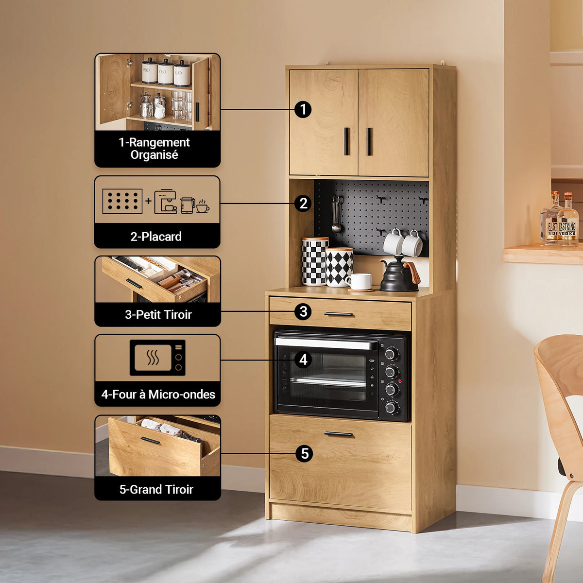SoBuy FSB98-N Microwave wardrobe with Pegboard High wardrobe Sideboard Kitchen wardrobe with Kitchen Trolley Vintage BHT approx 60x170x40cm