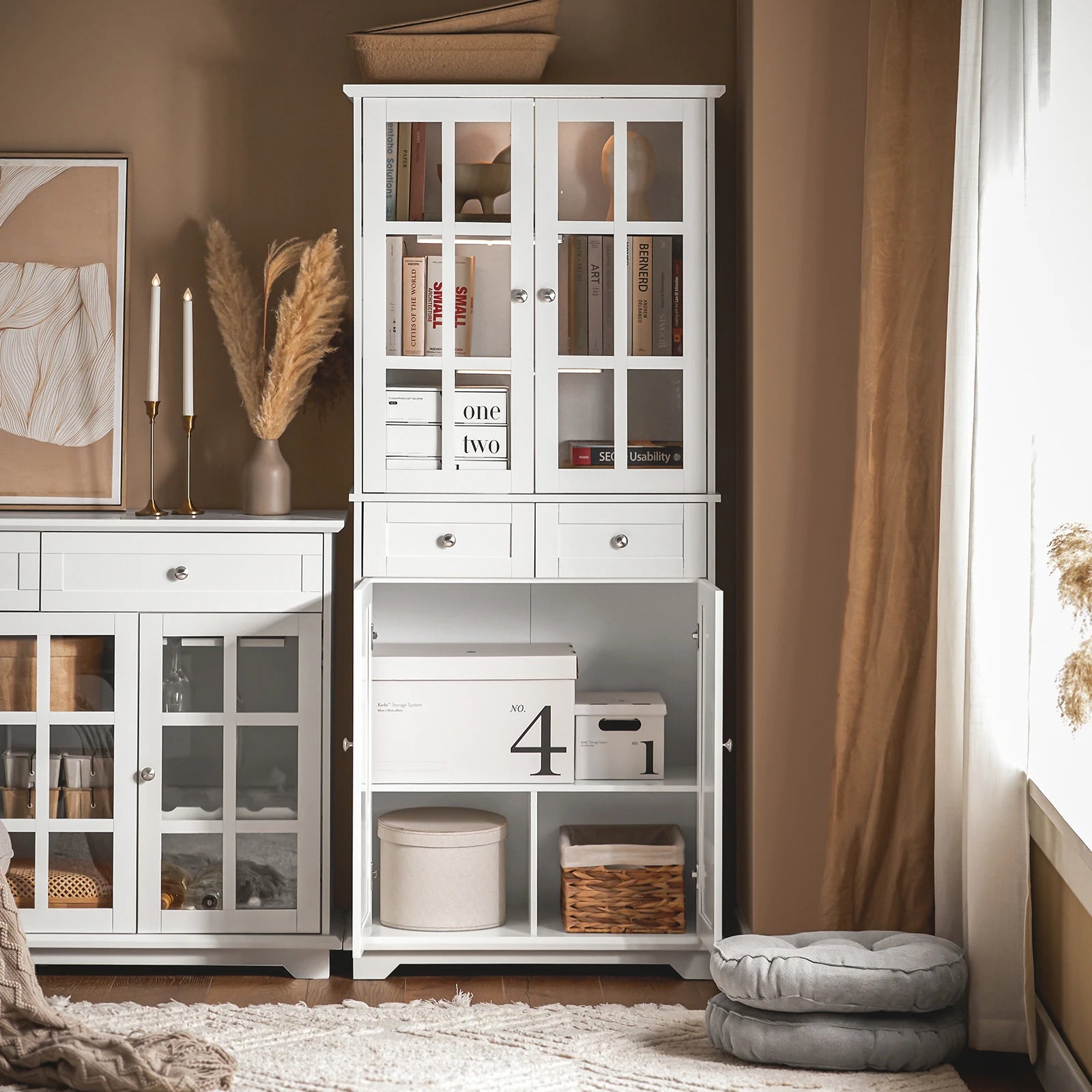 SoBuy FSB76-W Kitchen wardrobe with glass doors High wardrobe storage s wardrobe with 6 compartments and 2 drawers Buffet White 75x175x40c