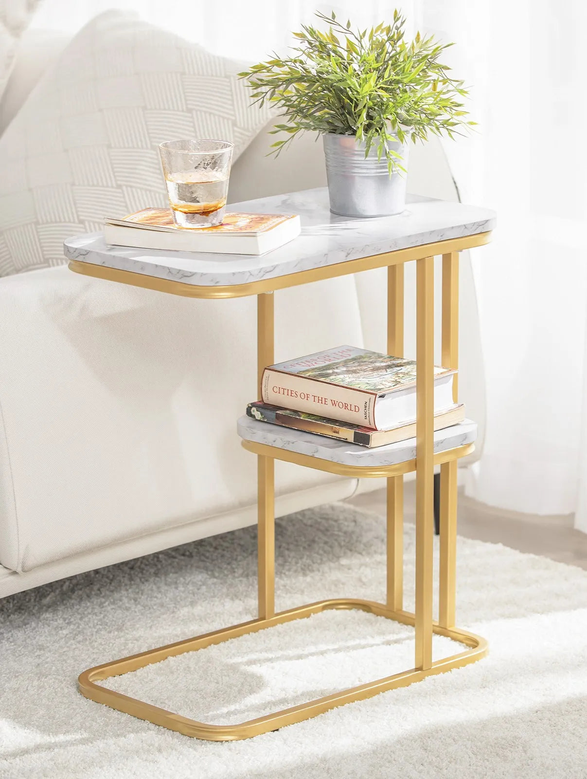 SoBuy FBT110-G side table with 2 shelves Sofa table coffee table Laptop table bed table care table with gold metal frame
