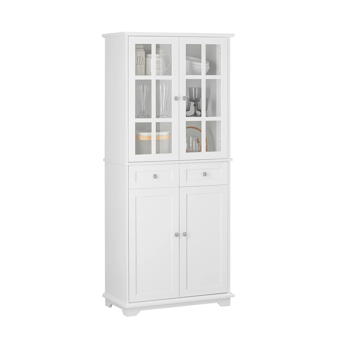 SoBuy FSB76-W Kitchen wardrobe with glass doors High wardrobe storage s wardrobe with 6 compartments and 2 drawers Buffet White 75x175x40c