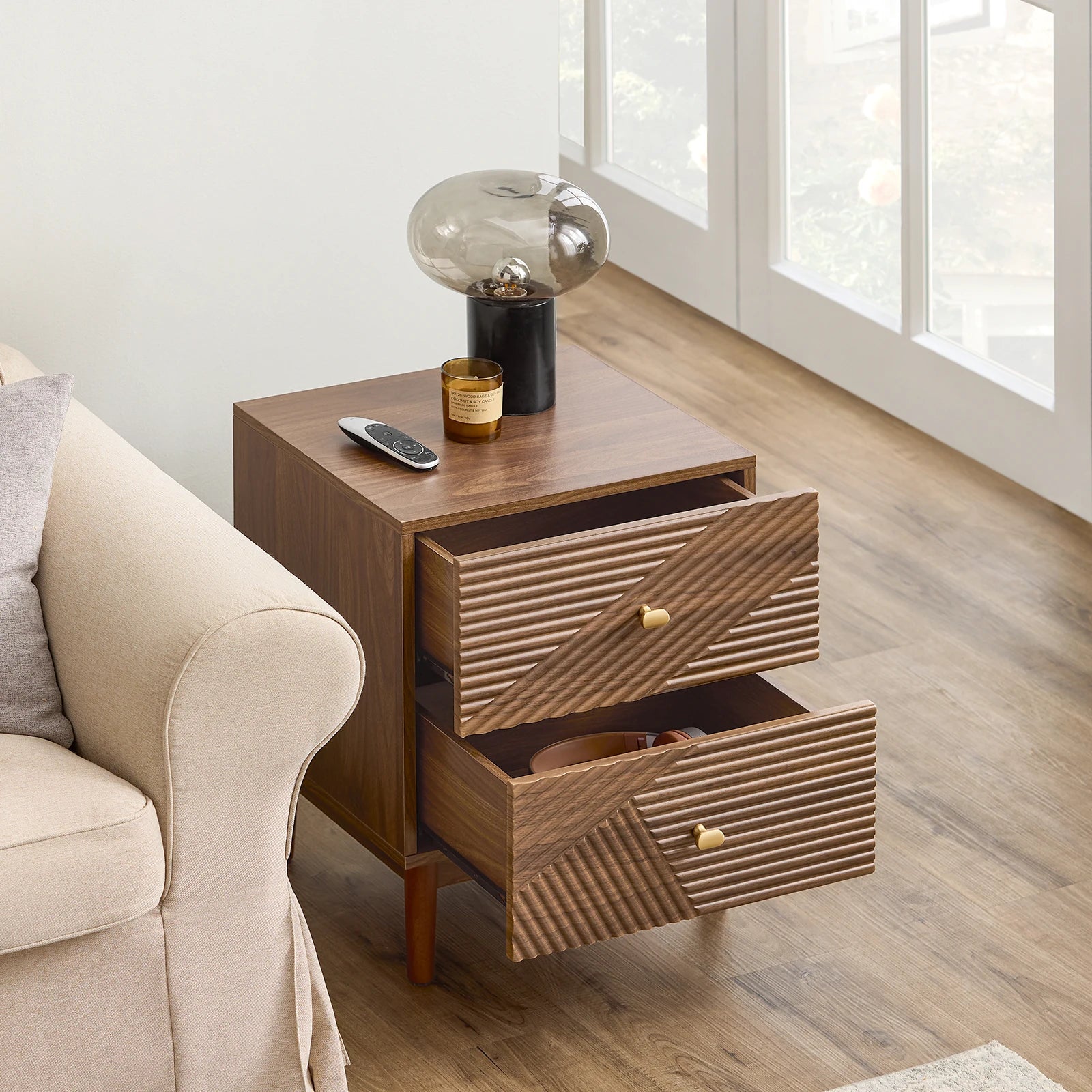 SoBuy FBT170-N vintage bedside table with 2 drawers, wood side table table with rubber tree wooden legs Brown 45 × 40 × 58
