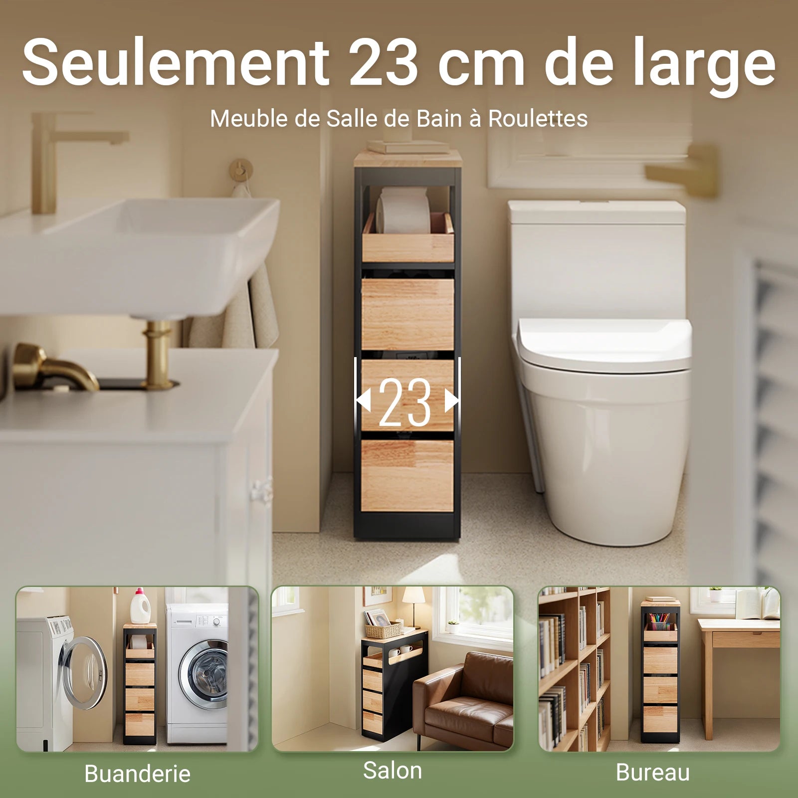 SoBuy BZR54-II-SCH bathroom wardrobe with wheels, narrow bathroom wardrobe with 3 drawers – compact wooden chest of drawers, mobile niche wardrobe for small bathrooms, toilets, and kitchens, black, 65x23x82cm