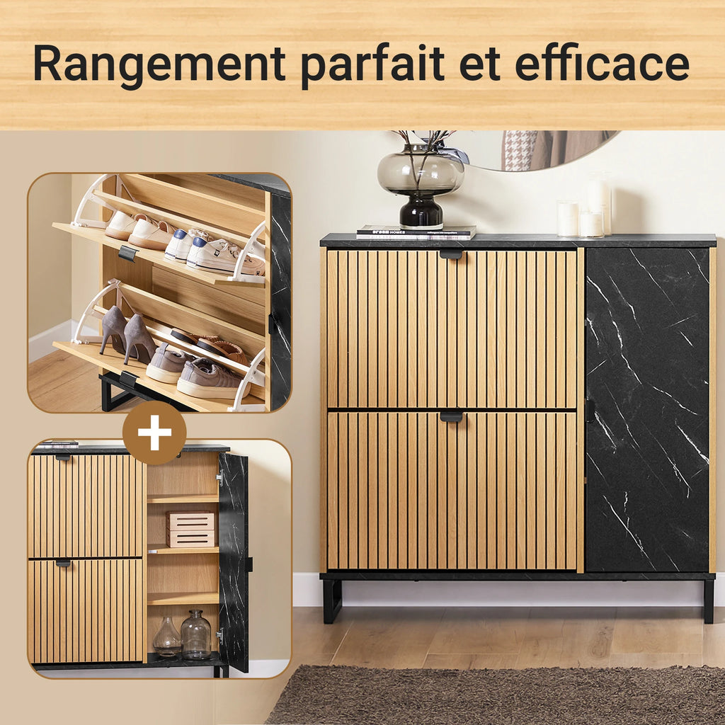 SoBuy FSR203-N narrow wardrobe with 2 flaps, space-saving shoe tilting unit for the hallway, black wardrobe with marble and wood, chest of drawers for shoes, wardrobe with storage space, 60kg load capacity, 90x88x24 cm