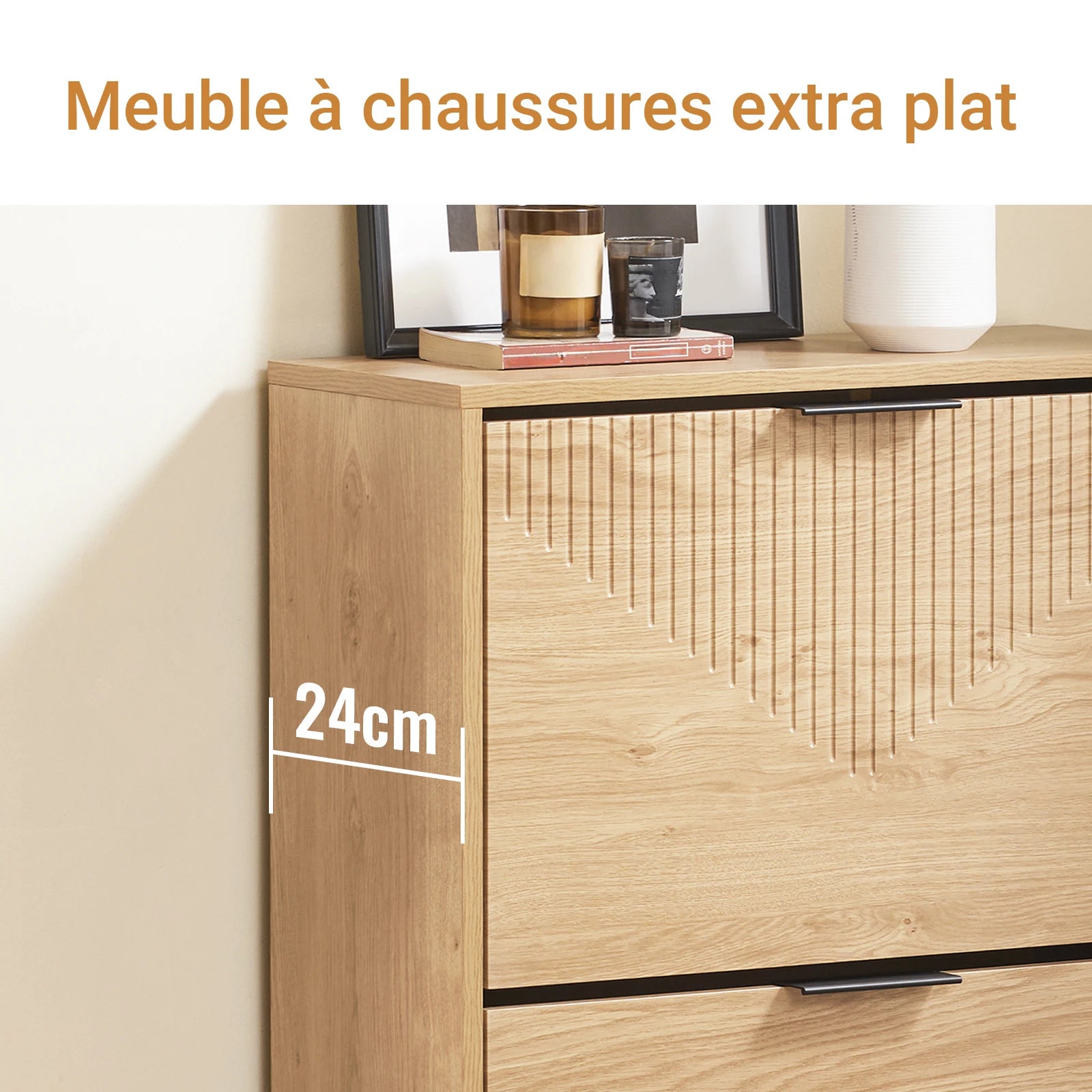 SoBuy FSR200-II-N narrow shoe rack for the hallway, tilting shoe cabinet with a wood-look finish, shoe cabinet with tip-over protection for 8 pairs of shoes, closed shoe rack, small chest of drawers, shoe cabinet W60xH83xD24
