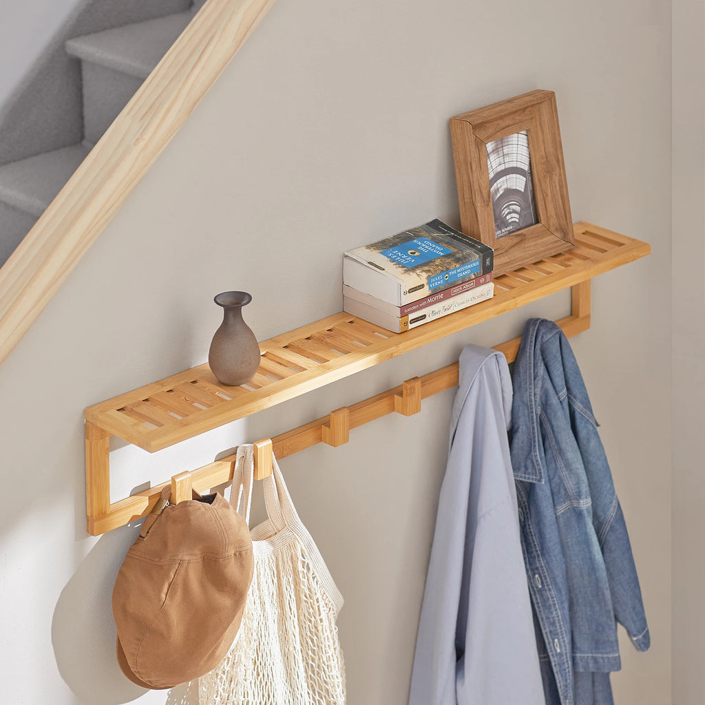 SoBuy FHK06-N Hallway wardrobe bathroom shelf Wall wardrobe with 6 hooks and storage towel holder made of bamboo BHT CA: 90x16.5x12.5 cm