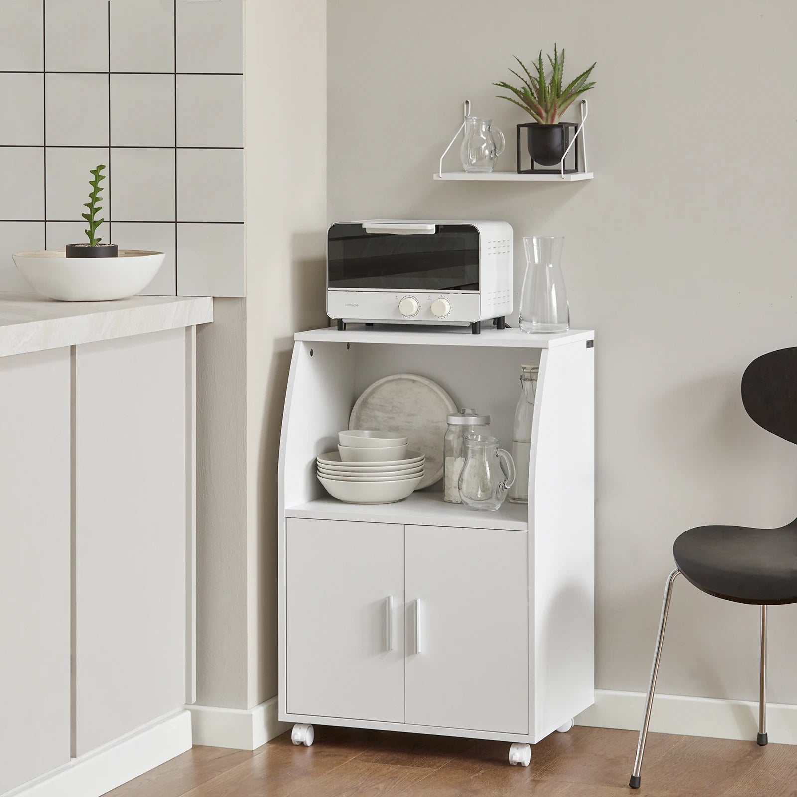SoBuy FRG241-W Kitchen wardrobe Kitchen Trolley Roll wardrobe Beverage Trolley Microwave wardrobe with 2 shelves and 2 doors