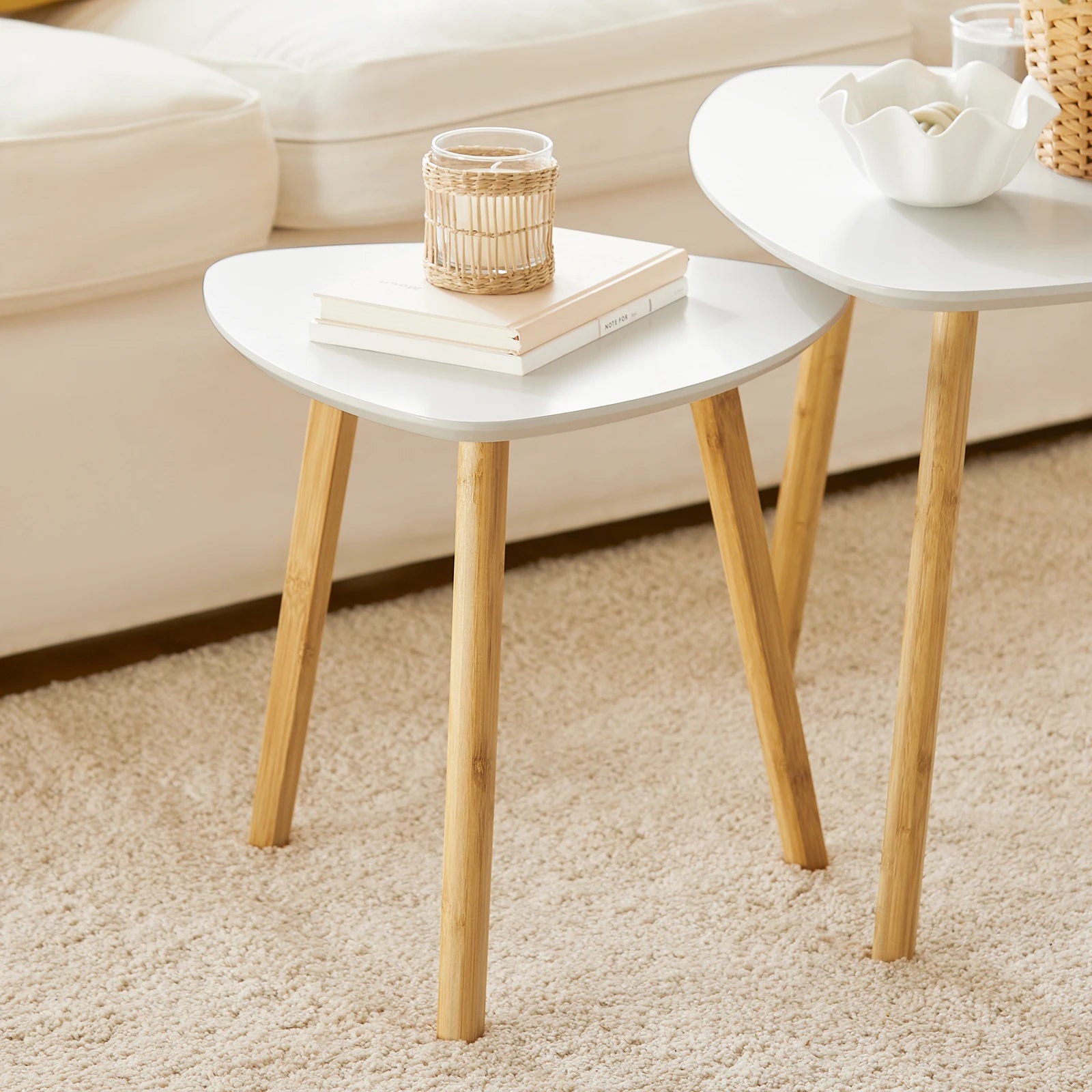 SoBuy FBT74-W Set of 2 side tables with shelves, coffee table, sofa table, nesting tables, bamboo, white/natural