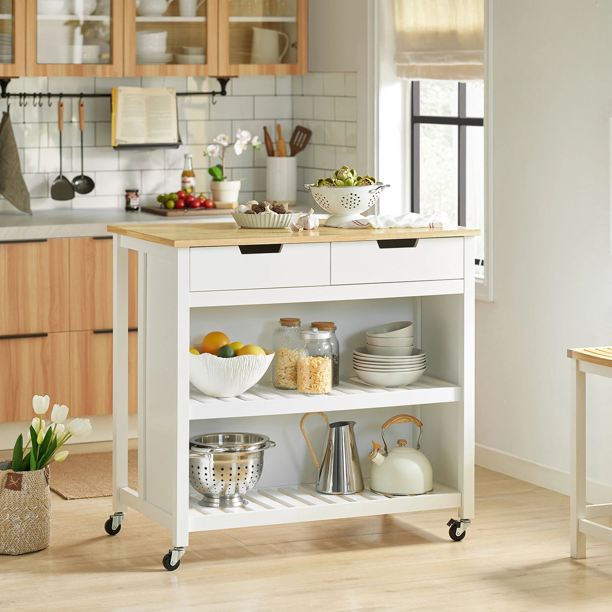 SoBuy FKW74-WN serving trolley with roller trolley kitchen kitchen shelf standing shelf kitchen White-natural 98x94x58CM