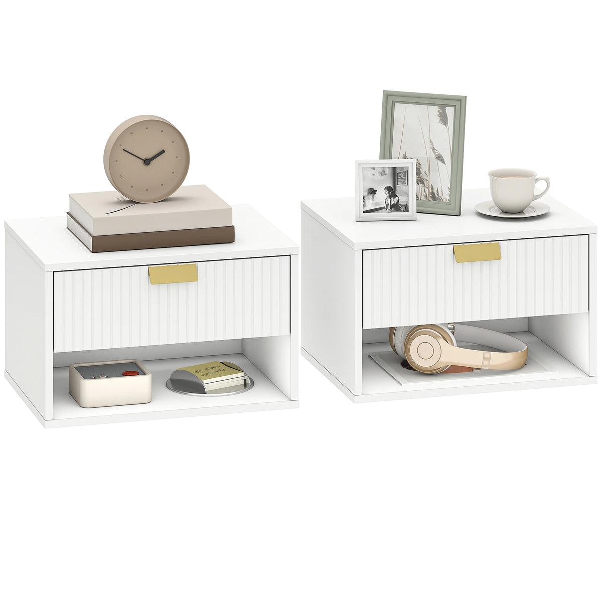 HOMCOM set of 2 Wall bedside table tables, hanging night tables with groove drawer and open shelf, 40x30x25 cm,
