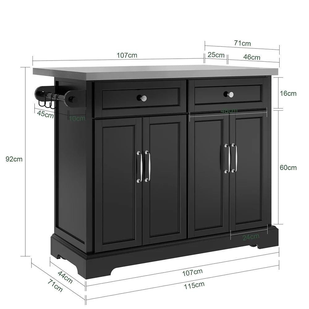 SoBuy FKW71-III-SCH Kitchen Trolley Black with 2 Drawers Large Storage Kitchen Trolley Kitchen Trolley with MDF 115 × 71 × 93 cm Load Capacity 98 kg