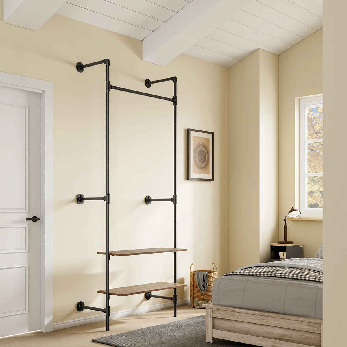 SoBuy KLS20-SCH dresses Bar Wall Mounted 2 MDF Shelves Space Saving Open dresses Cabinet dresses stand 45kg Bedroom Entrance Load Capacity 91.5x48x220cm Industrial Black