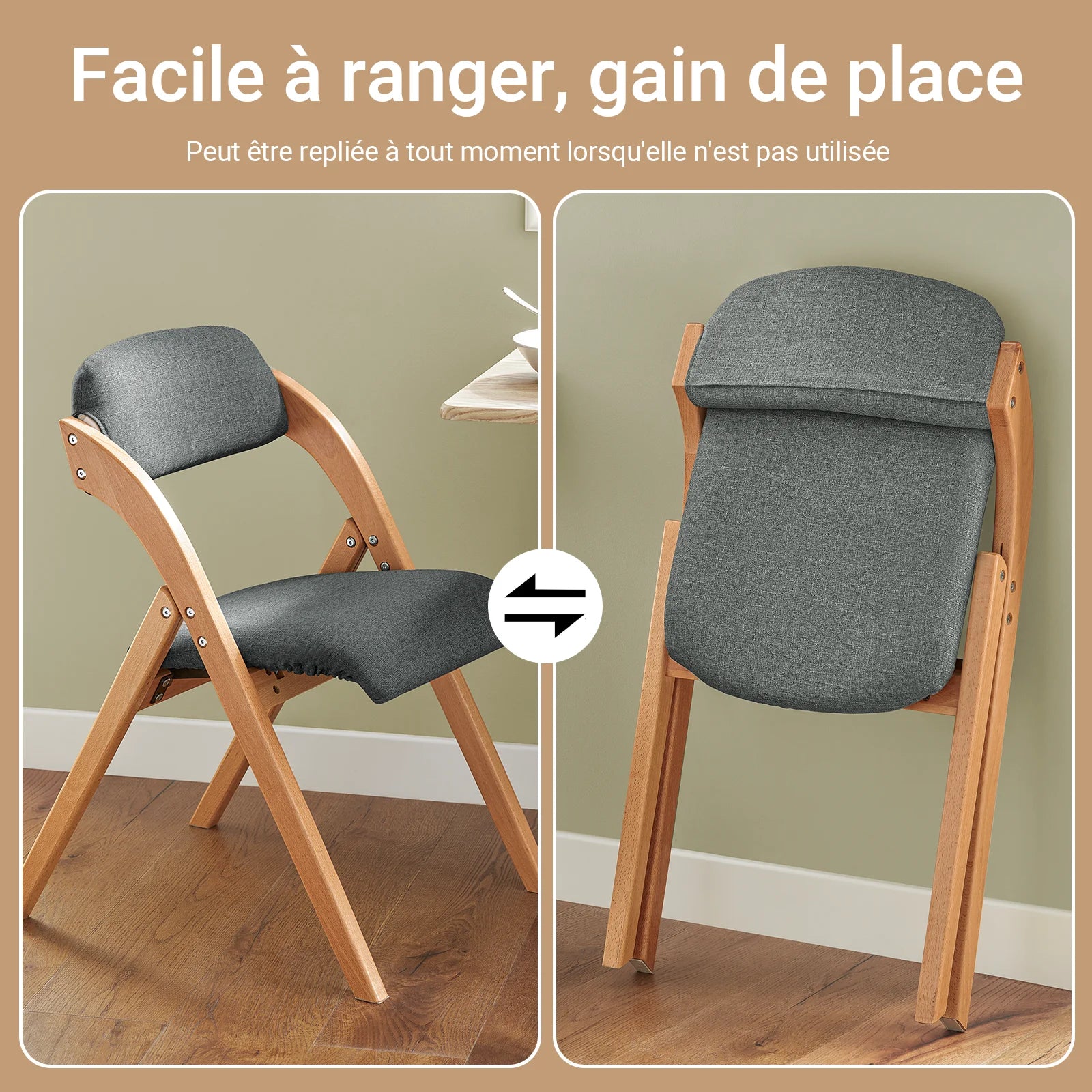 SoBuy FST92-SG Wood Upholstered Folding Chair Ergonomic kitchen Dining Room Foldable Space Saving Assembled kitchen Balcony office Dark Grey 47.5x77x59cm