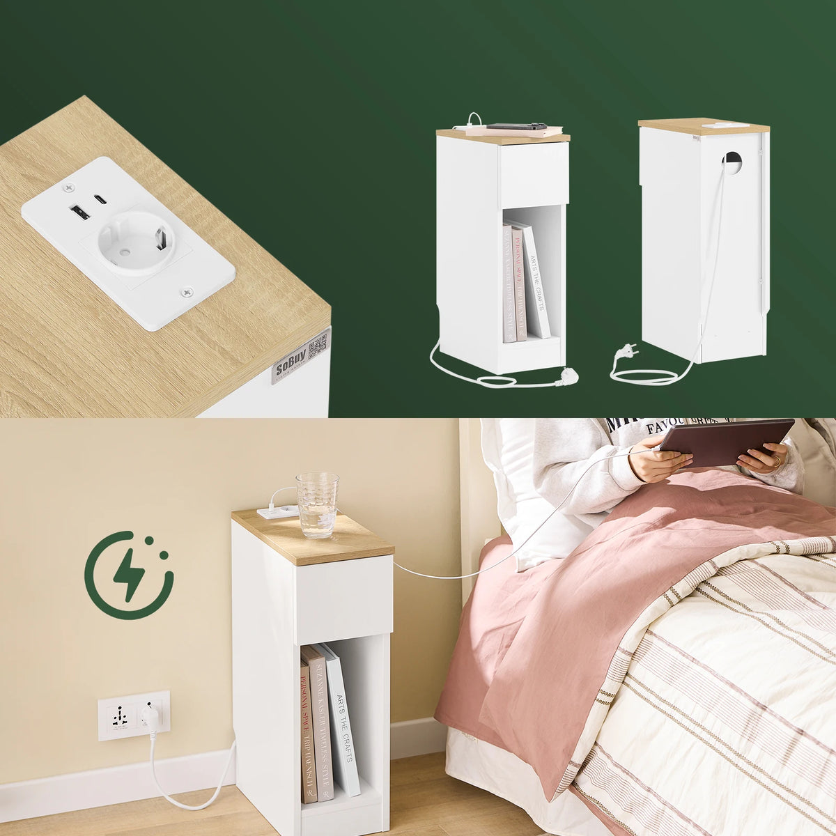 Table de chevet avec prise et USB-C