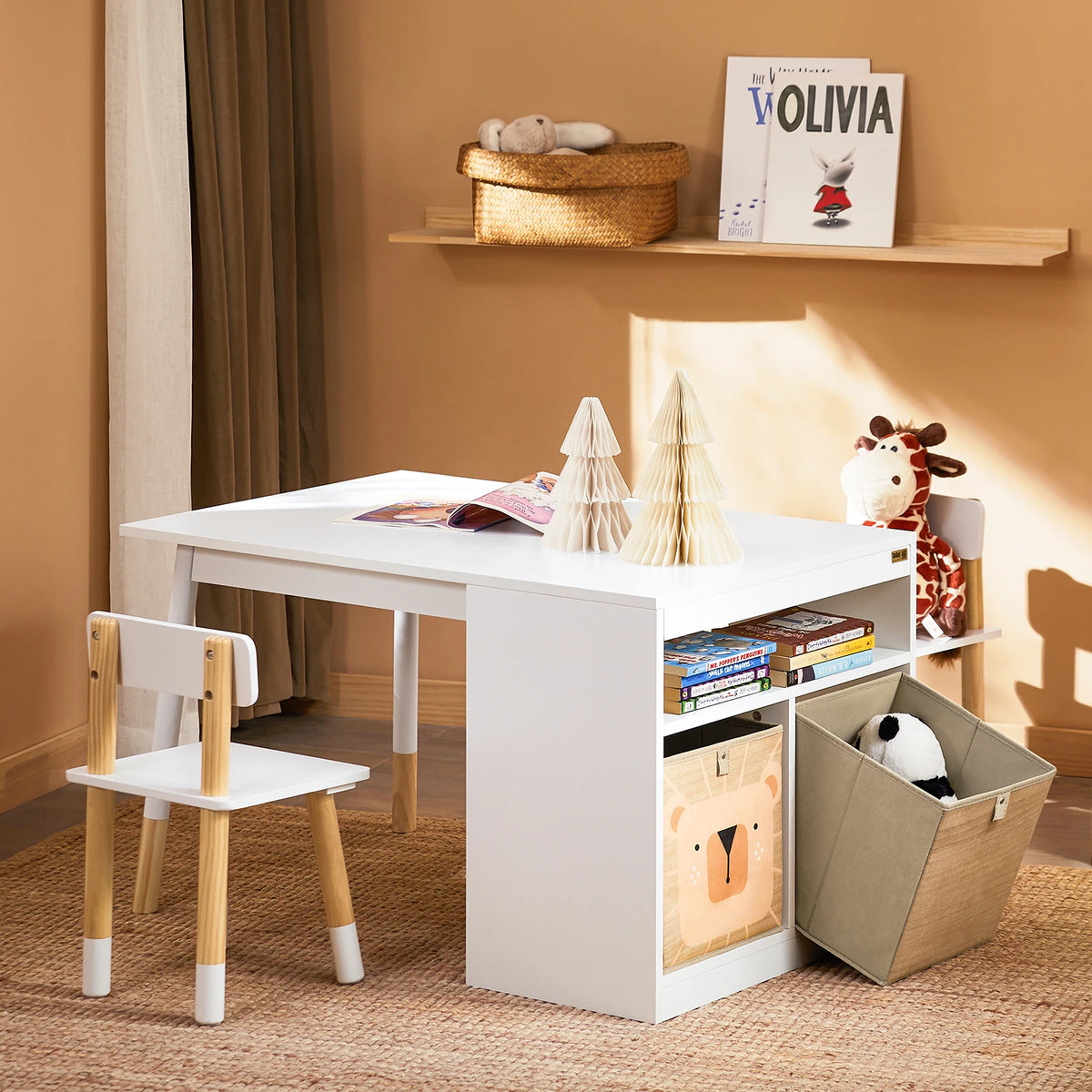 SoBuy KMB113-W Children's table with 2 Chairs Child Seat Group with Storage Playtable Children Multifunctional Activity table