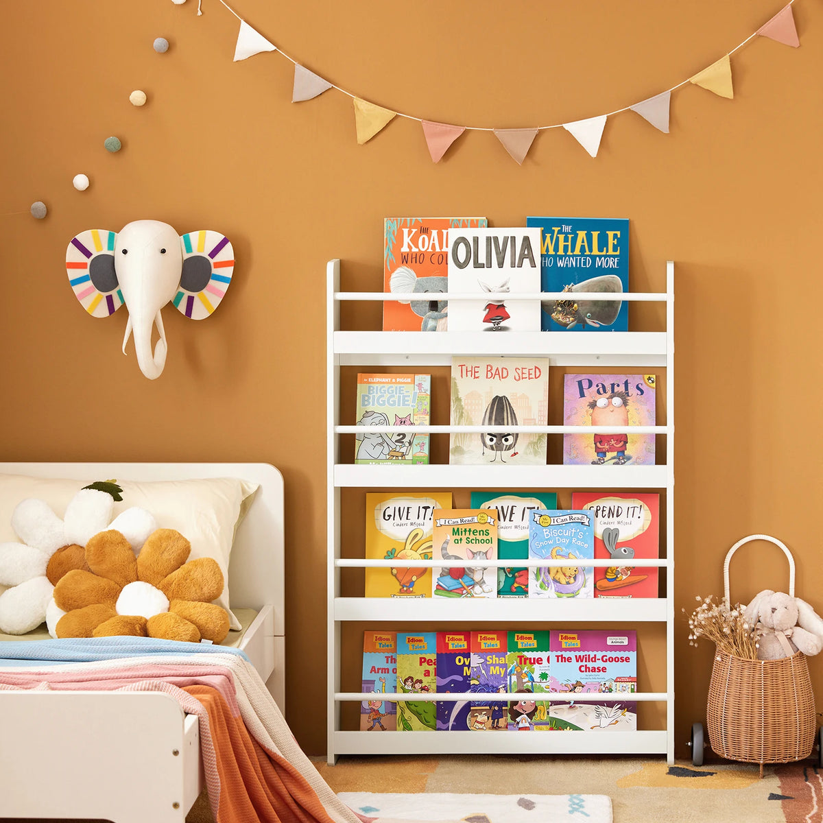 SoBuy KMB08-W children’s shelf, bookshelf for kids, wall shelf, hanging shelf, storage shelf with 4 compartments for books and decor