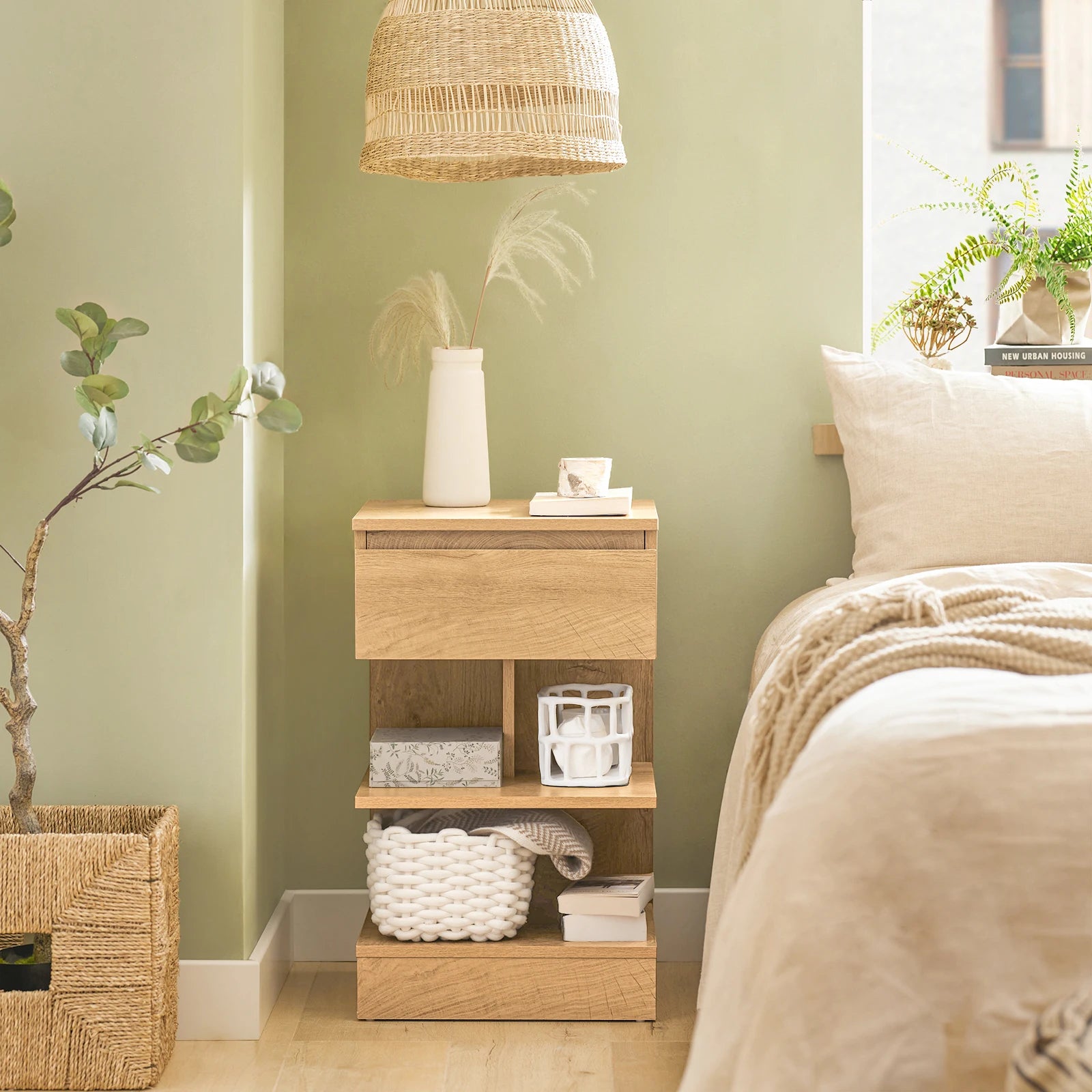 SoBuy FBT49 side table, bedside table, nightstand dresser with 1 drawer and 3 shelves, natural color, WDH approx. 39x65x39cm