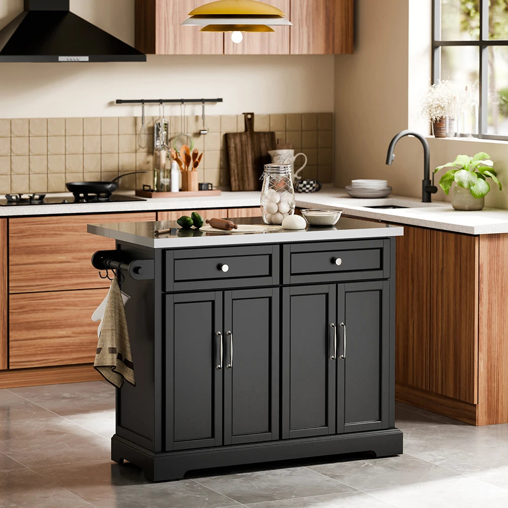 SoBuy FKW71-III-SCH Kitchen Trolley Black with 2 Drawers Large Storage Kitchen Trolley Kitchen Trolley with MDF 115 × 71 × 93 cm Load Capacity 98 kg