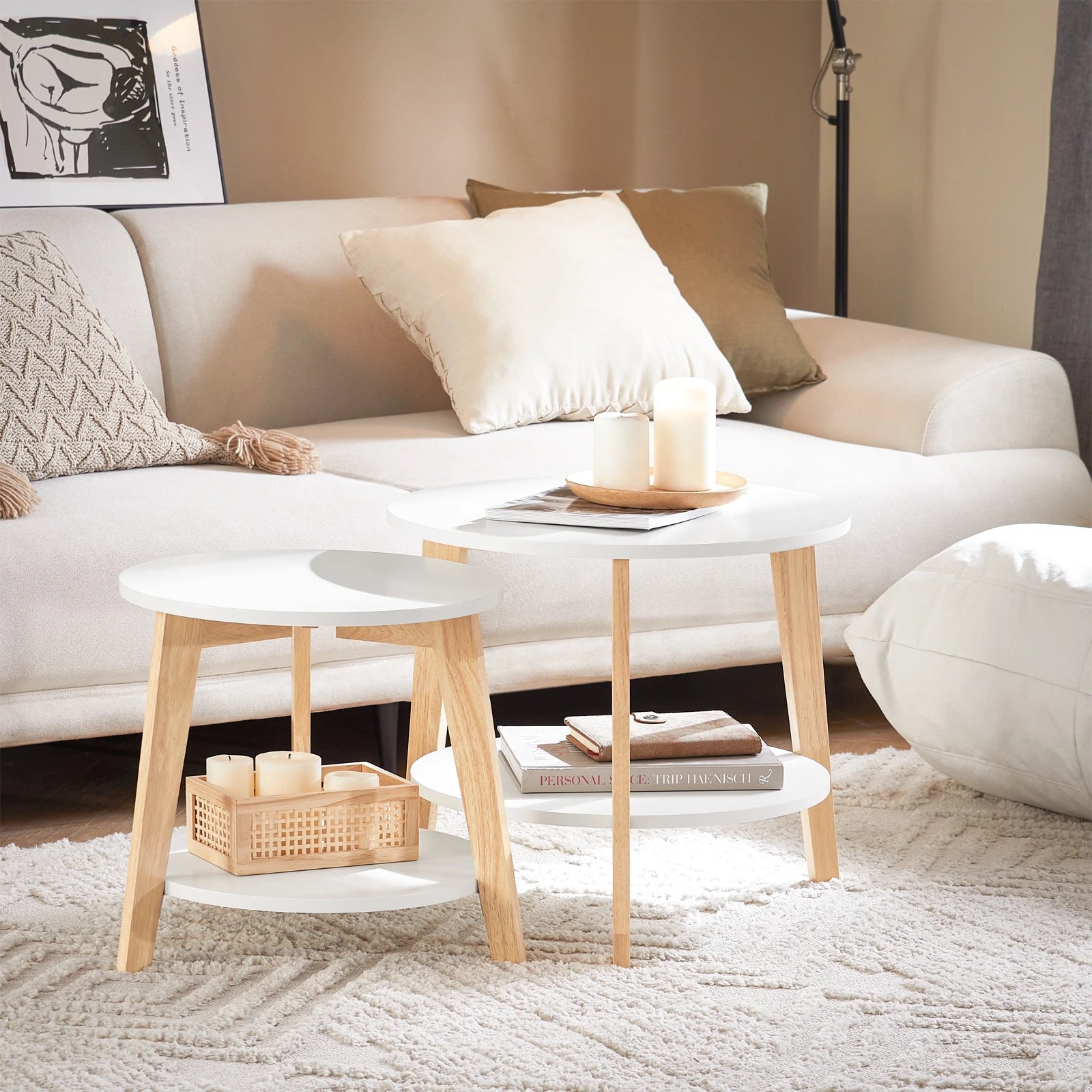 SoBuy FBT75-W set side table round shelves set table coffee table sofa table coffee table living room table White/Nature
