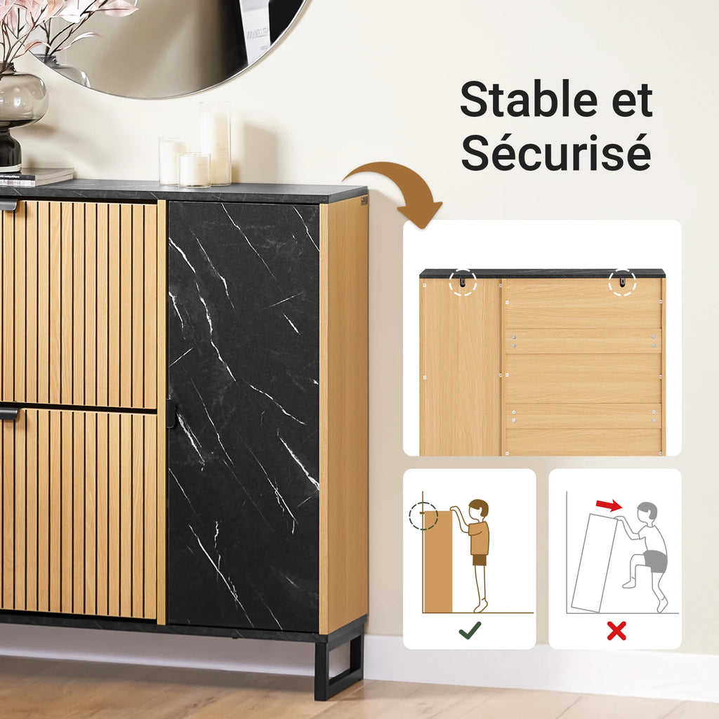 SoBuy FSR203-N narrow wardrobe with 2 flaps, space-saving shoe tilting unit for the hallway, black wardrobe with marble and wood, chest of drawers for shoes, wardrobe with storage space, 60kg load capacity, 90x88x24 cm