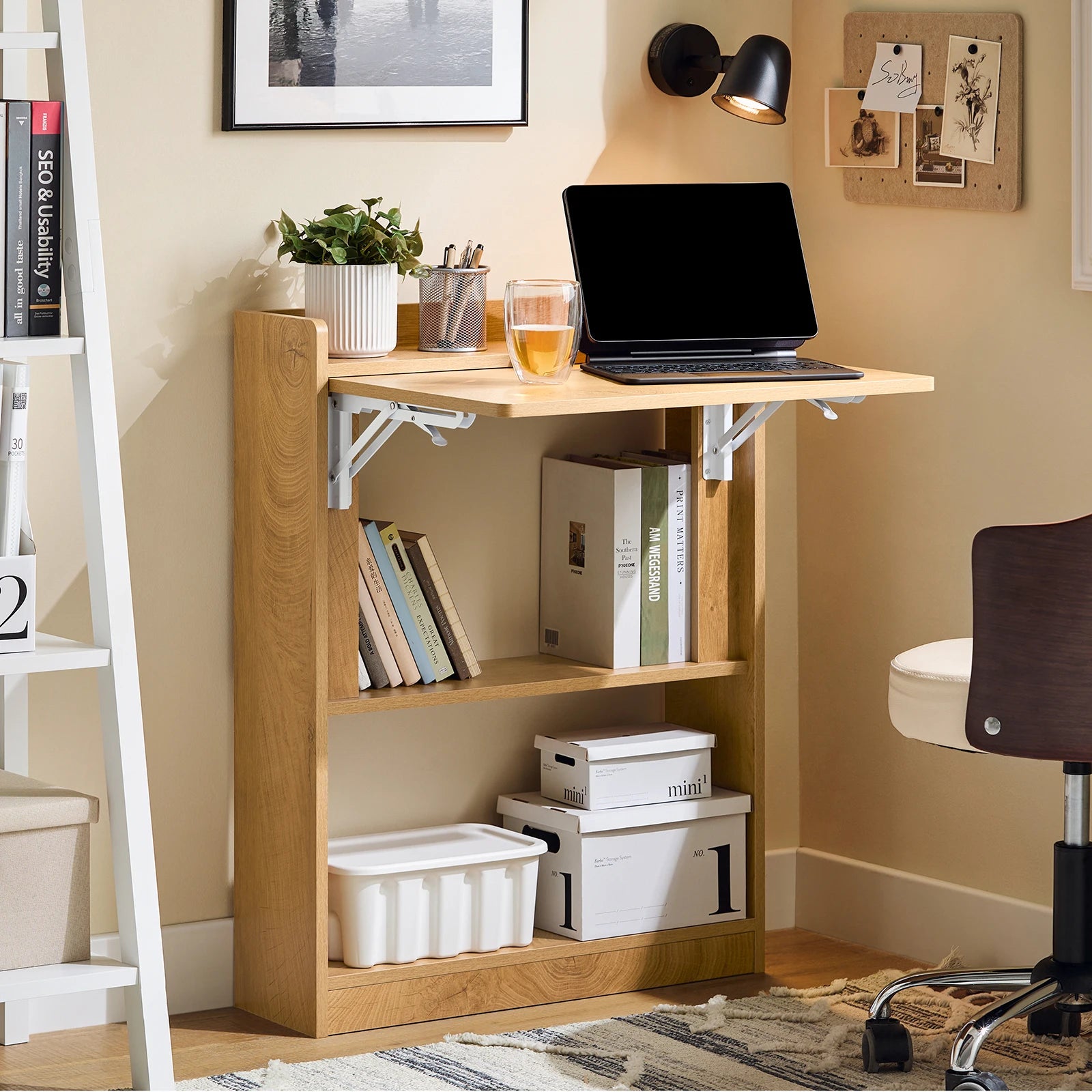 SoBuy FWT92 Folding Computer table table with shelves Folding table work table office table for home office wall table