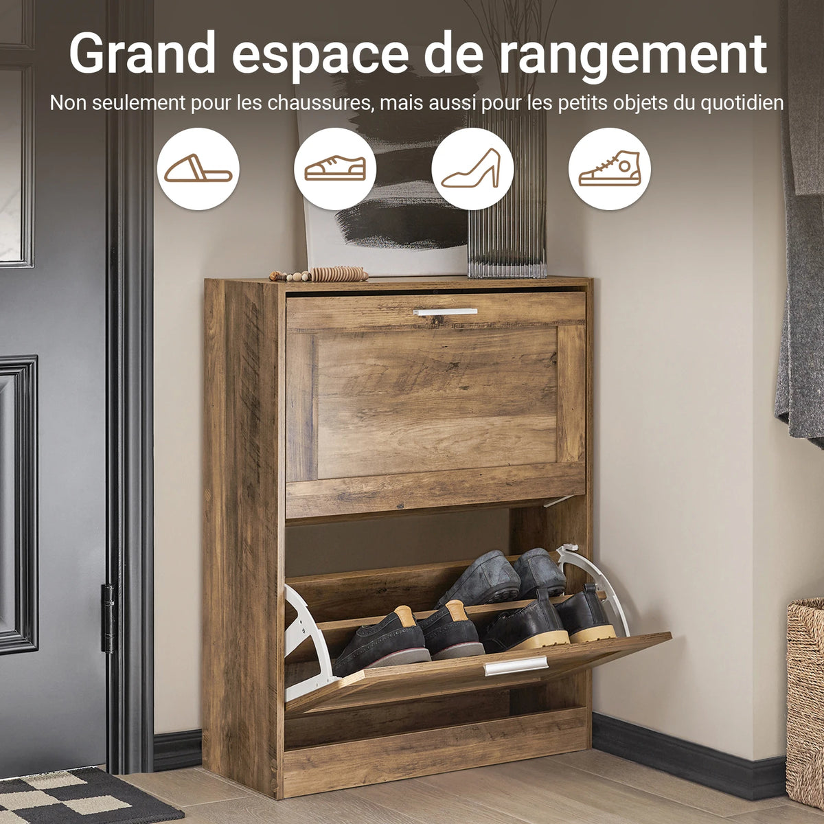 SoBuy FSR137-F narrow shoe cabinet, tipping shoe rack with 2 flaps – space-saving closed shoe rack with height-adjustable compartments – for hallways, small apartments – vintage style, 20kg load capacity, 60x79x23cm
