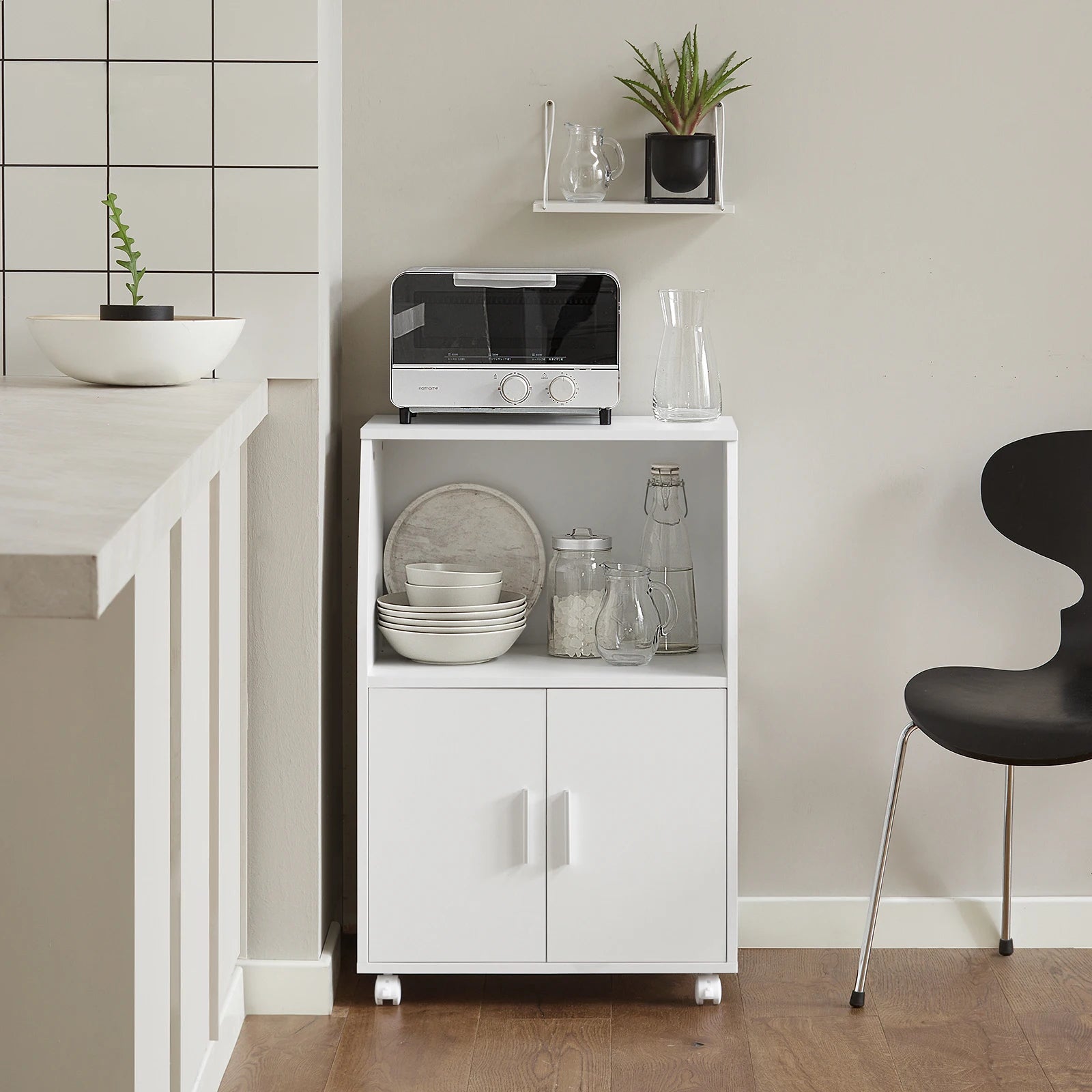 SoBuy FRG241-W Kitchen wardrobe Kitchen Trolley Roll wardrobe Beverage Trolley Microwave wardrobe with 2 shelves and 2 doors