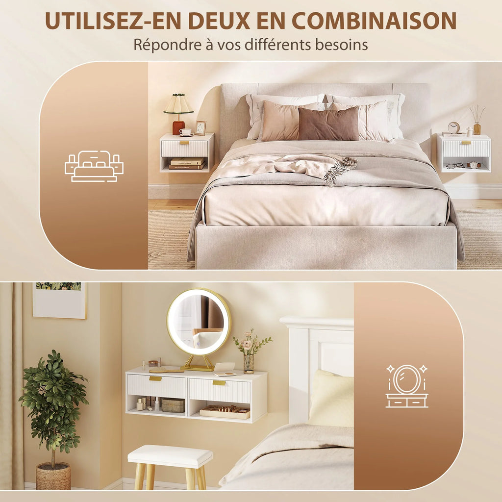 HOMCOM set of 2 Wall bedside table tables, hanging night tables with groove drawer and open shelf, 40x30x25 cm,