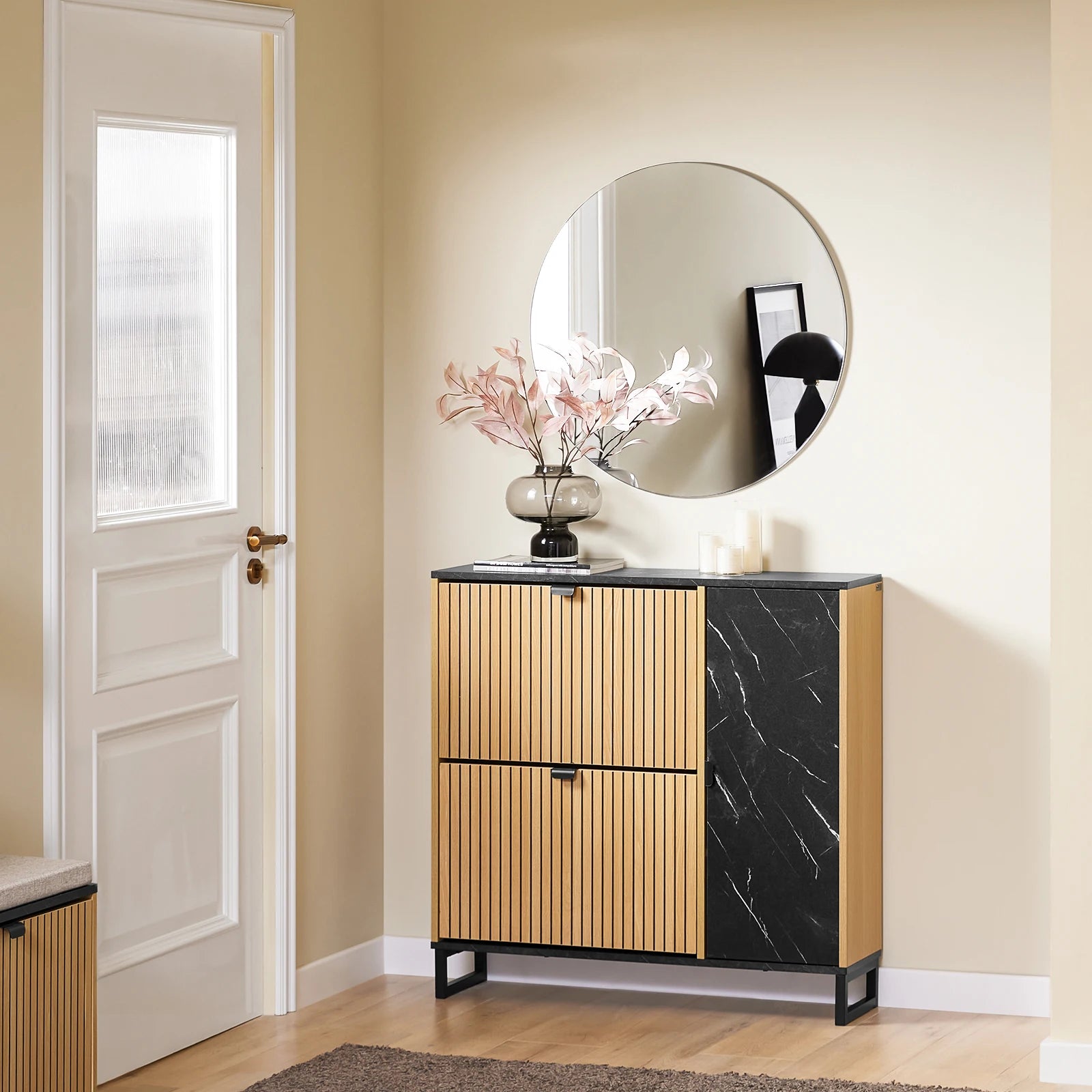 SoBuy FSR203-N narrow wardrobe with 2 flaps, space-saving shoe tilting unit for the hallway, black wardrobe with marble and wood, chest of drawers for shoes, wardrobe with storage space, 60kg load capacity, 90x88x24 cm