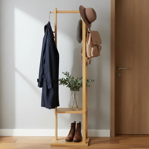 Freestanding Coat Rack with Square Base Wooden Clothes Stand with Storage Shelves for Entryway Bedroom Living Room and Hallway