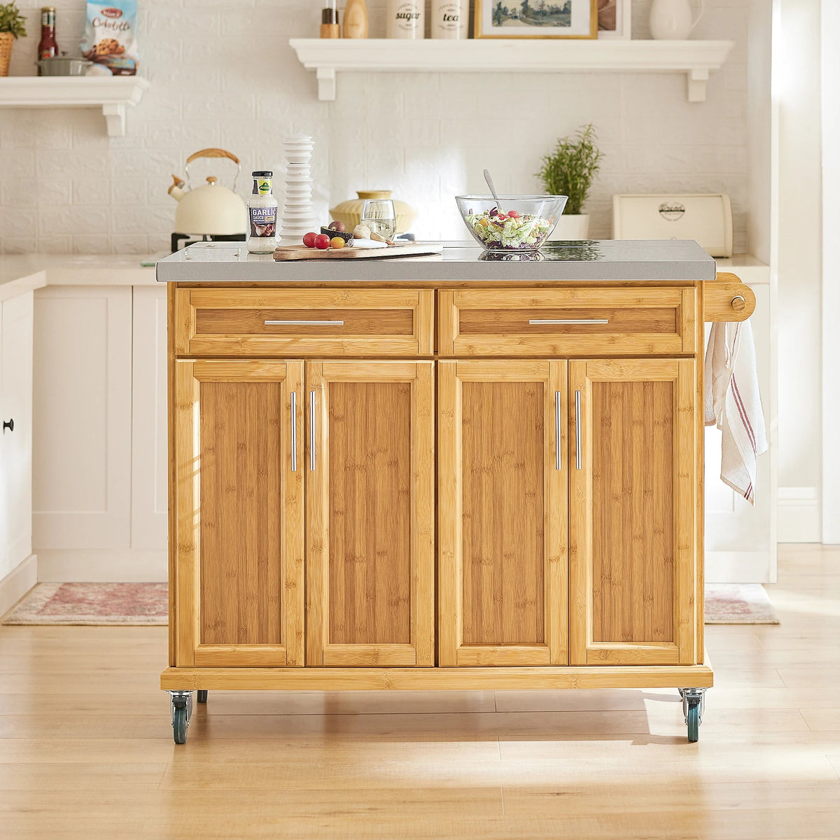 SoBuy FKW69-N Kitchen Island Kitchen Trolley with Expandable stainless steel Work plate Kitchen wardrobe serving trolley