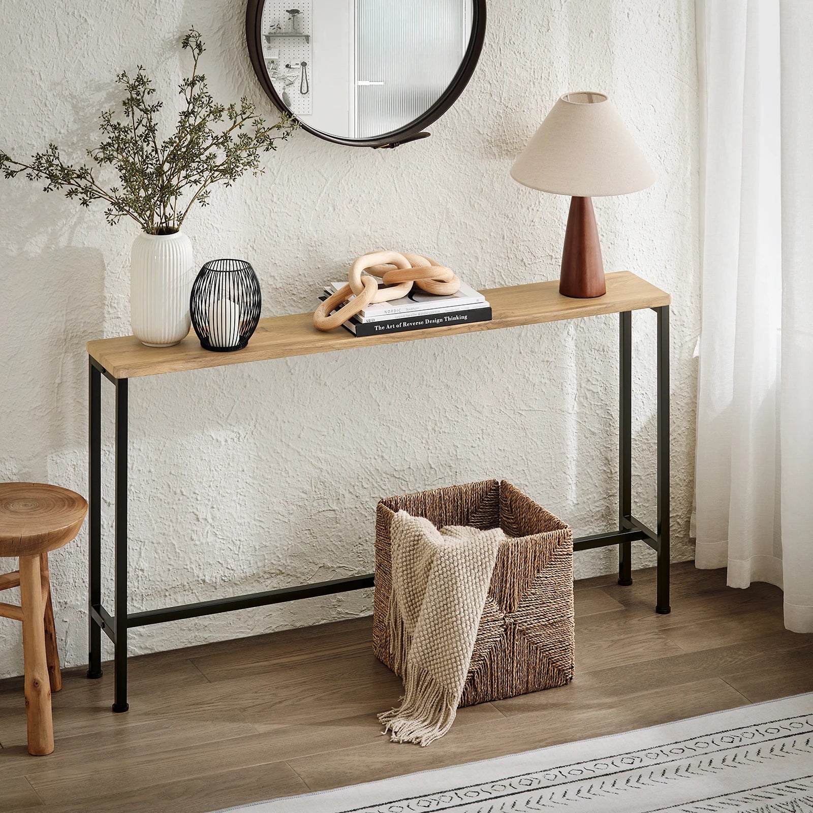 SoBuy FSB19-E console table narrow hallway table – console tables for the living room, vintage metal sideboard, robust design – ideal for hallway furniture, office – natural & black, 120x65x20cm