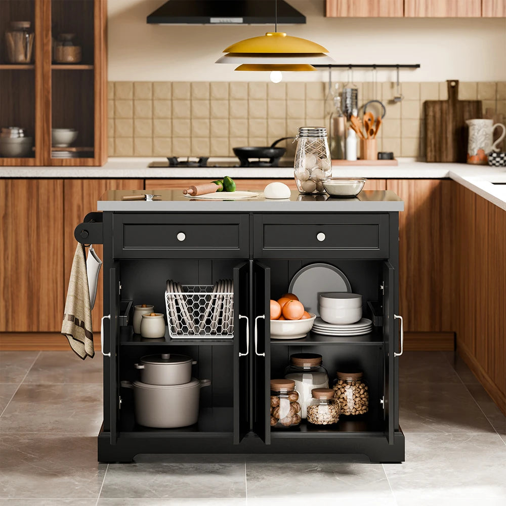 SoBuy FKW71-III-SCH Kitchen Trolley Black with 2 Drawers Large Storage Kitchen Trolley Kitchen Trolley with MDF 115 × 71 × 93 cm Load Capacity 98 kg
