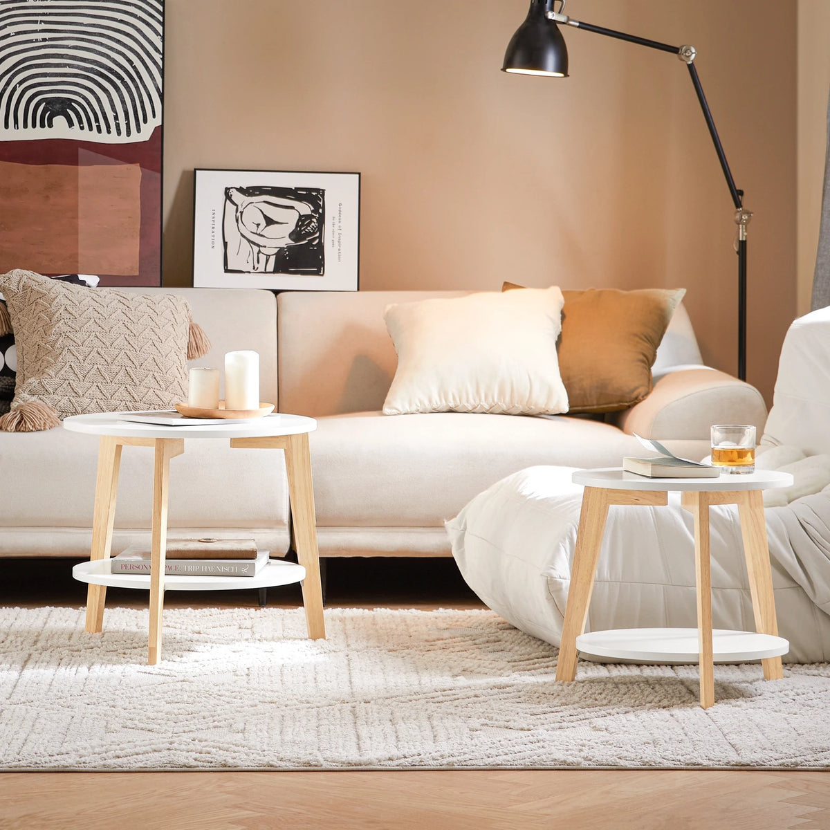 SoBuy FBT75-W set side table round shelves set table coffee table sofa table coffee table living room table White/Nature