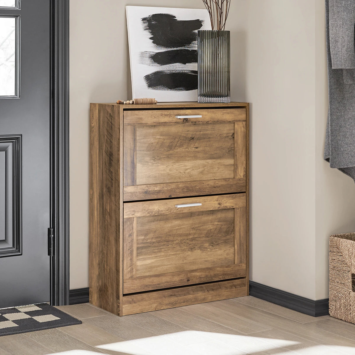 SoBuy FSR137-F narrow shoe cabinet, tipping shoe rack with 2 flaps – space-saving closed shoe rack with height-adjustable compartments – for hallways, small apartments – vintage style, 20kg load capacity, 60x79x23cm