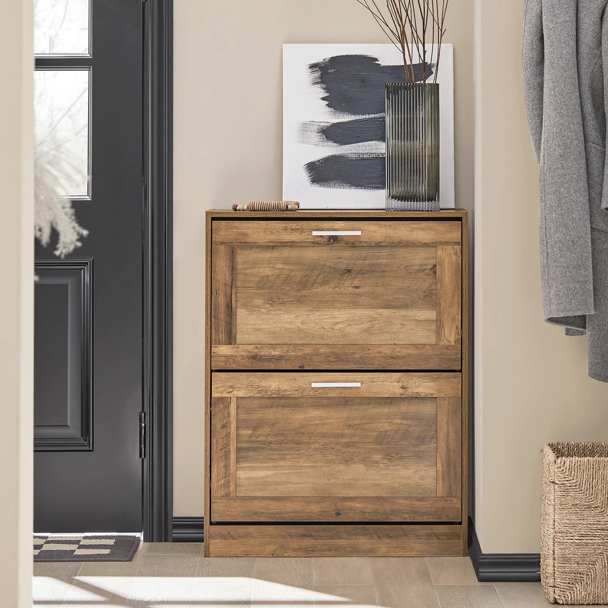SoBuy FSR137-F narrow shoe cabinet, tipping shoe rack with 2 flaps – space-saving closed shoe rack with height-adjustable compartments – for hallways, small apartments – vintage style, 20kg load capacity, 60x79x23cm
