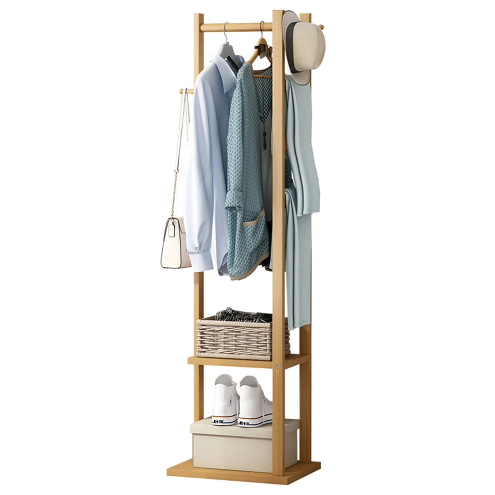 Freestanding Coat Rack with Square Base Wooden Clothes Stand with Storage Shelves for Entryway Bedroom Living Room and Hallway