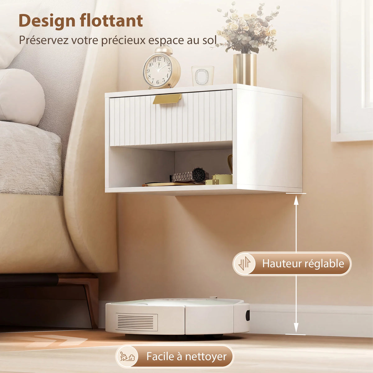 HOMCOM set of 2 Wall bedside table tables, hanging night tables with groove drawer and open shelf, 40x30x25 cm,